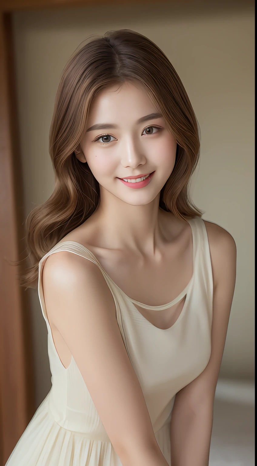 ((Best Quality, 8K, Masterpiece: 1.3)), 1 Girl, Slim Abs Beauty: 1.3, (Hairstyle Brown Hair Shortcut, Big: 1.2), Dress: 1.1, Super Slender Face, Delicate Eyes, Double Eyelids, Smile, Home, Raw Photo
