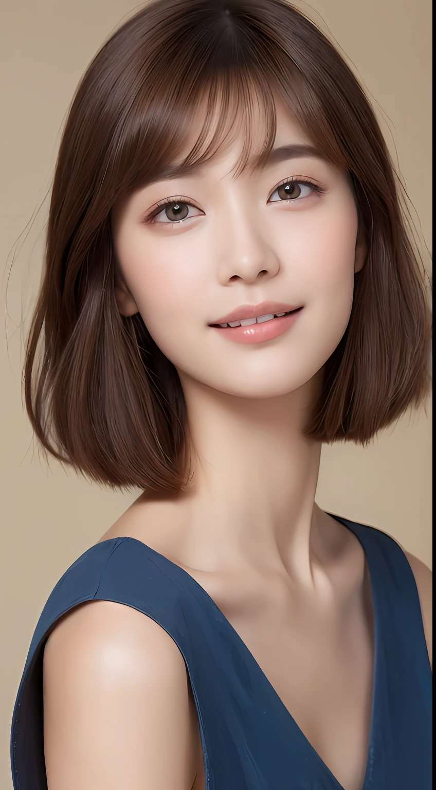 ((Best Quality, 8K, Masterpiece: 1.3)), 1 Girl, Slim Abs Beauty: 1.3, (Hairstyle Brown Hair Shortcut, Big: 1.2), Dress: 1.1, Super Slender Face, Delicate Eyes, Double Eyelids, Smile, Home, Raw Photo