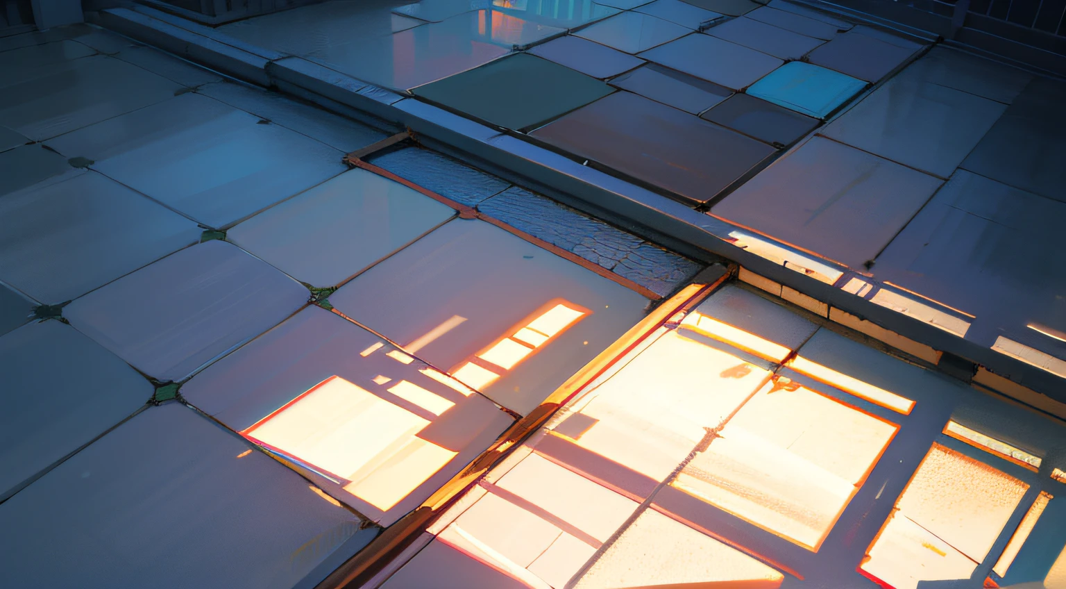 Large area,Look down at the ground from above,tiles,Overlooking,late afternoon sun