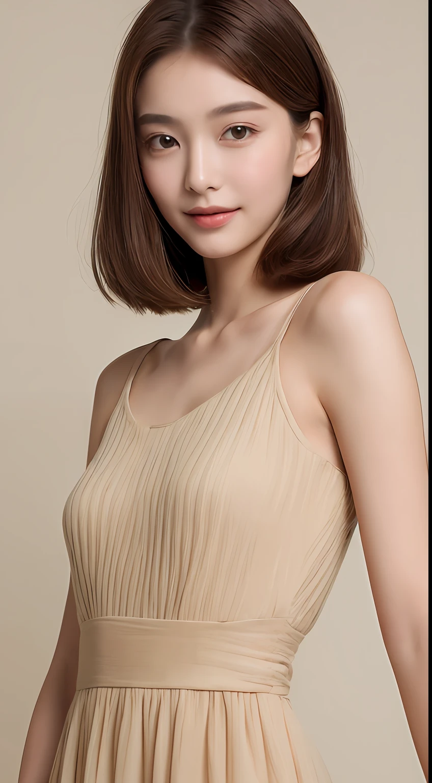 ((Best Quality, 8K, Masterpiece: 1.3)), 1 Girl, Slim Abs Beauty: 1.3, (Hairstyle Brown Hair Shortcut, Big: 1.2), Dress: 1.1, Super Slender Face, Delicate Eyes, Double Eyelids, Smile, Home, Raw Photo