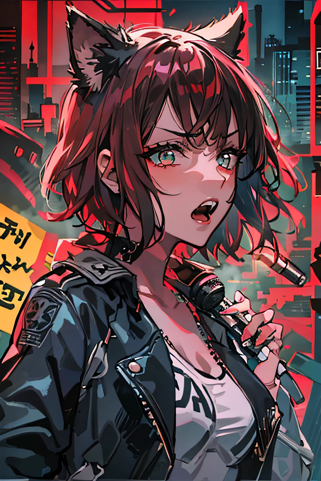 ((((dramatic))), (((gritty))), (((intense)))) 1girl, solo, singing, intoxicated, holding a standing microphone, movie poster featuring a young woman as the central character. Idol, singing, short hair, gradient hair, black and red hair, black cat anthropomorphic, a pair of black cat ears, black cat tail, holding a microphone, she stands confidently in the center of the poster, dressed in stylish clothing with a determined expression on her face. The background is dark and gritty, with a sense of danger and intensity. The text is bold and eye-catching, with catchy slogans that add to the overall drama and excitement. Dotted with bright colors, make the poster dynamic and visually striking, (magazine: 1.3), (cover style: 1.3), tachi-e (magazine: 1.3), (cover-style: 1.3), fashionable, woman, vibrant, outfit, posing, front, colorful, dynamic, background, element, confidence, expression, hold, statement, attachment, coil, around, touch, scene, text, cover, bold, eye-catching, title, fashion, font, catchy, title, bigger, eye-catching, modern, trendy, focused, stylish,
