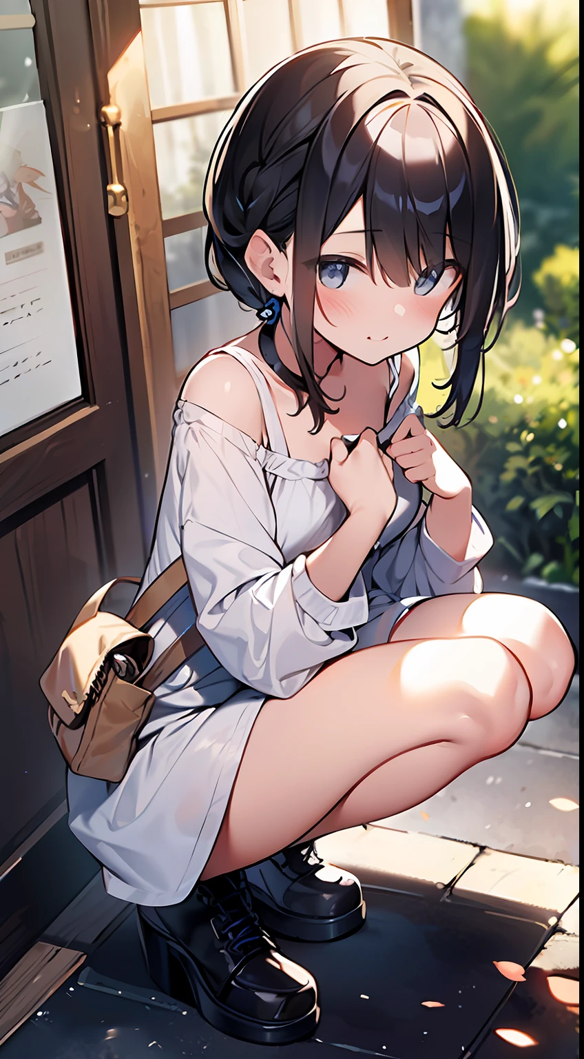 (top-quality、32K image quality、​masterpiece、nffsw:1.2)、a cute loli、Medium short hair、short braiding、beauitful face、Ultra-detailed details、(Slouched:1.3)、at the sunset、crouching down、(From  above:1.3)、(a closeup:1.4)、small curvy loli、((You can see the chest))、Bust Up Perspective、Loose baggy big shirt、(beautiful nipple slips:0.9)、outside of house、the wind、shinny skin、blurry backround