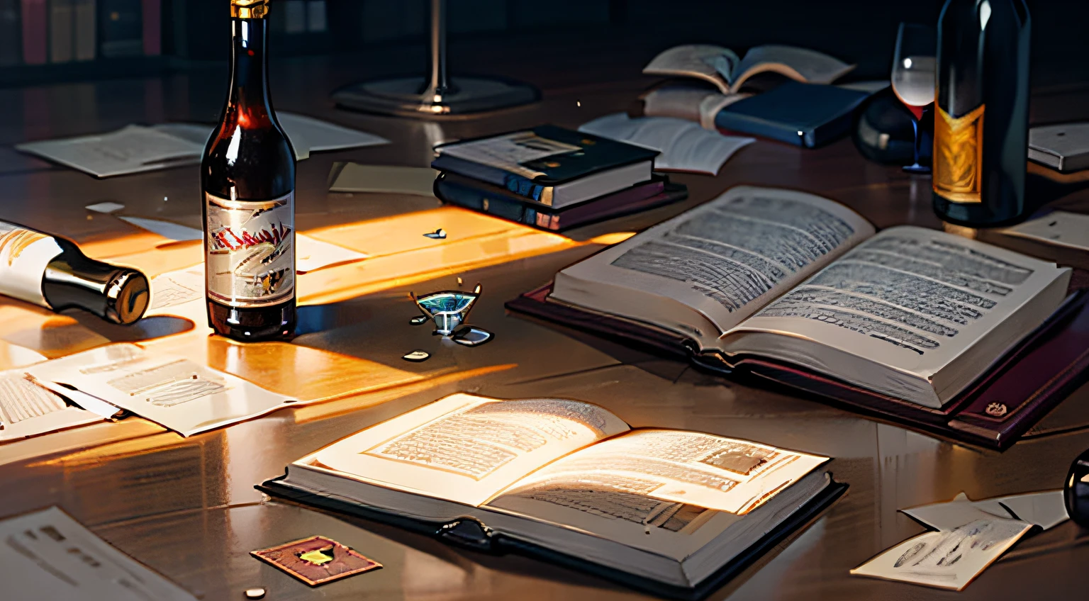 sundry，book，wineglass，Fallen beer，Heaped on the ground