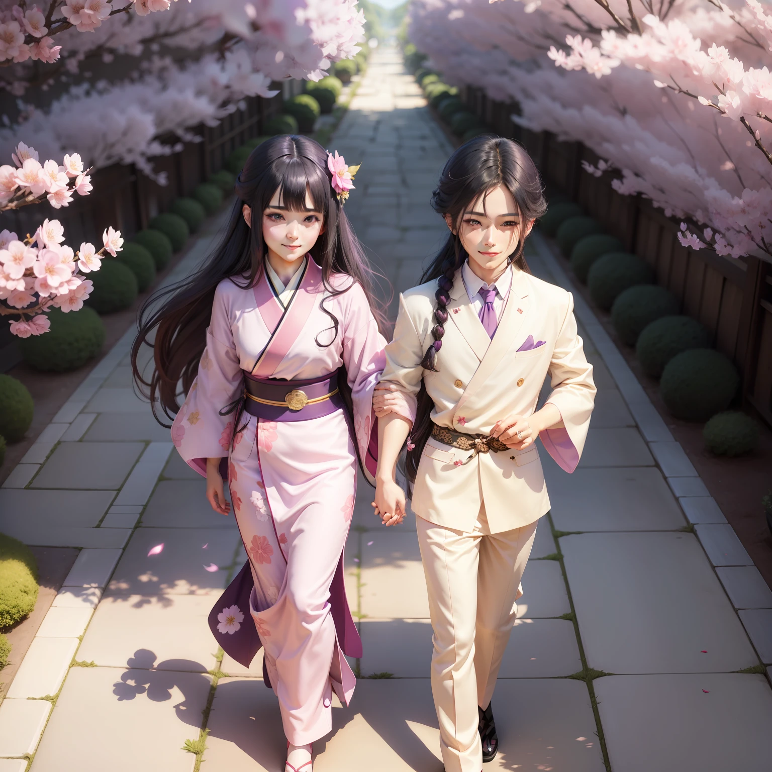 Girl long hair purple eyes smile garden spring pink cherry blossom kimono boy black hair blue eyes Japanese style clothing shy kimono holding hands anime style