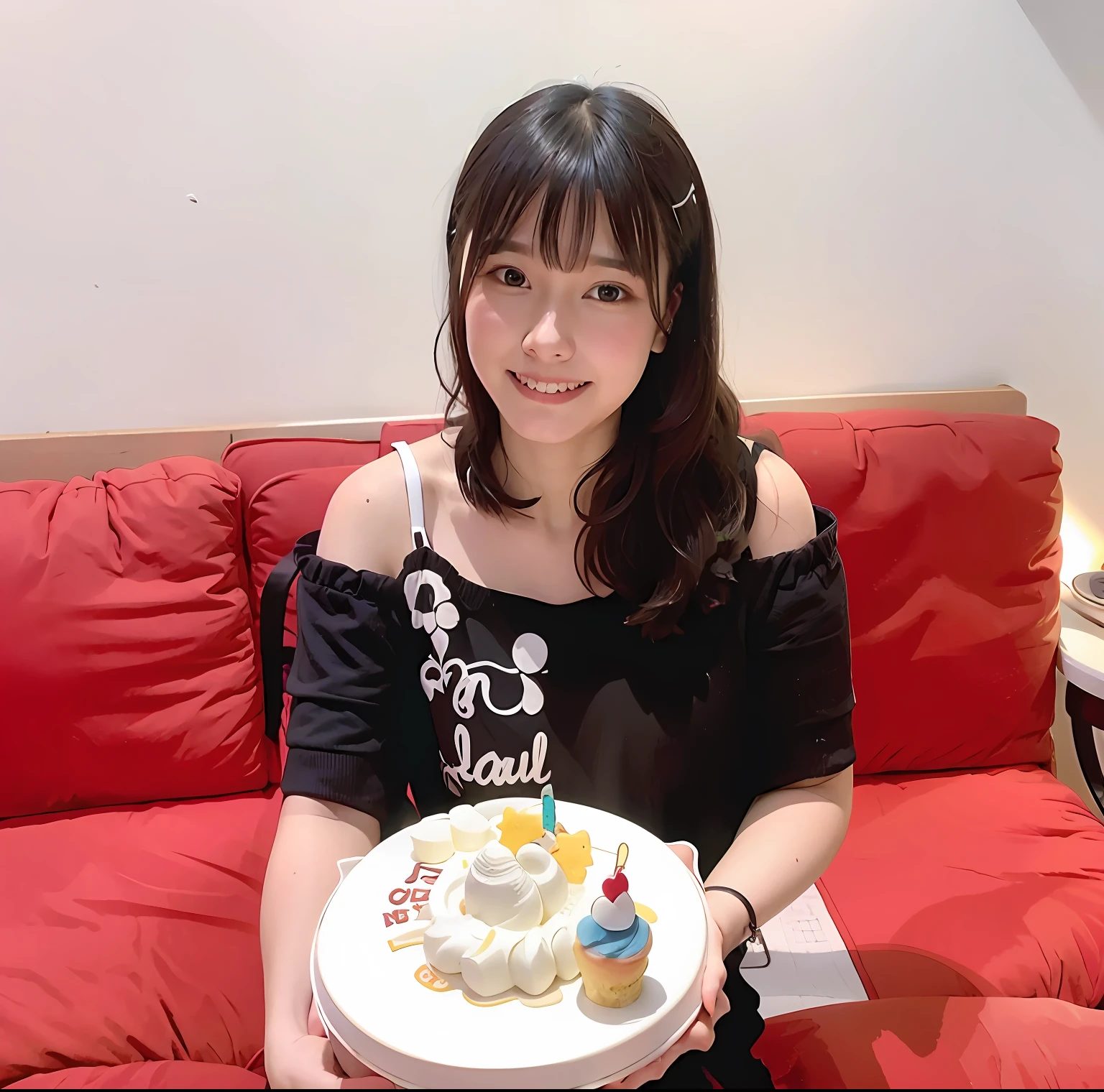 Woman sitting on sofa holding cake,There are a lot of ingredients in it, Toothy smile,Holding a birthday cake, 2 , 2 9 years old old, 3 2 - yea years old, 3 6 years old, 2 5 years old, 25 yeke in hand, 2 4 2 3 years old