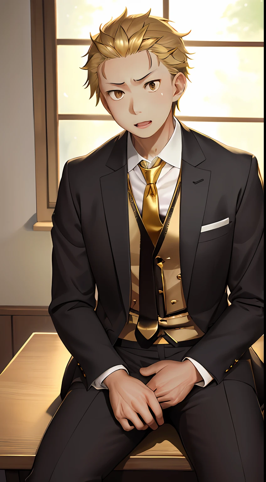 A high resolution, Sharp focus, Pixiv masterpiece, ((Complicated details)), highly detailed, natsuki_subaru, 1 man, with her mouth open,full bodyesbian,sit astride, Golden eyes(eyes glowing), blond hairbl, The shirt,Drenched,Gold tie,trousers,thongs,perspire,look from down
