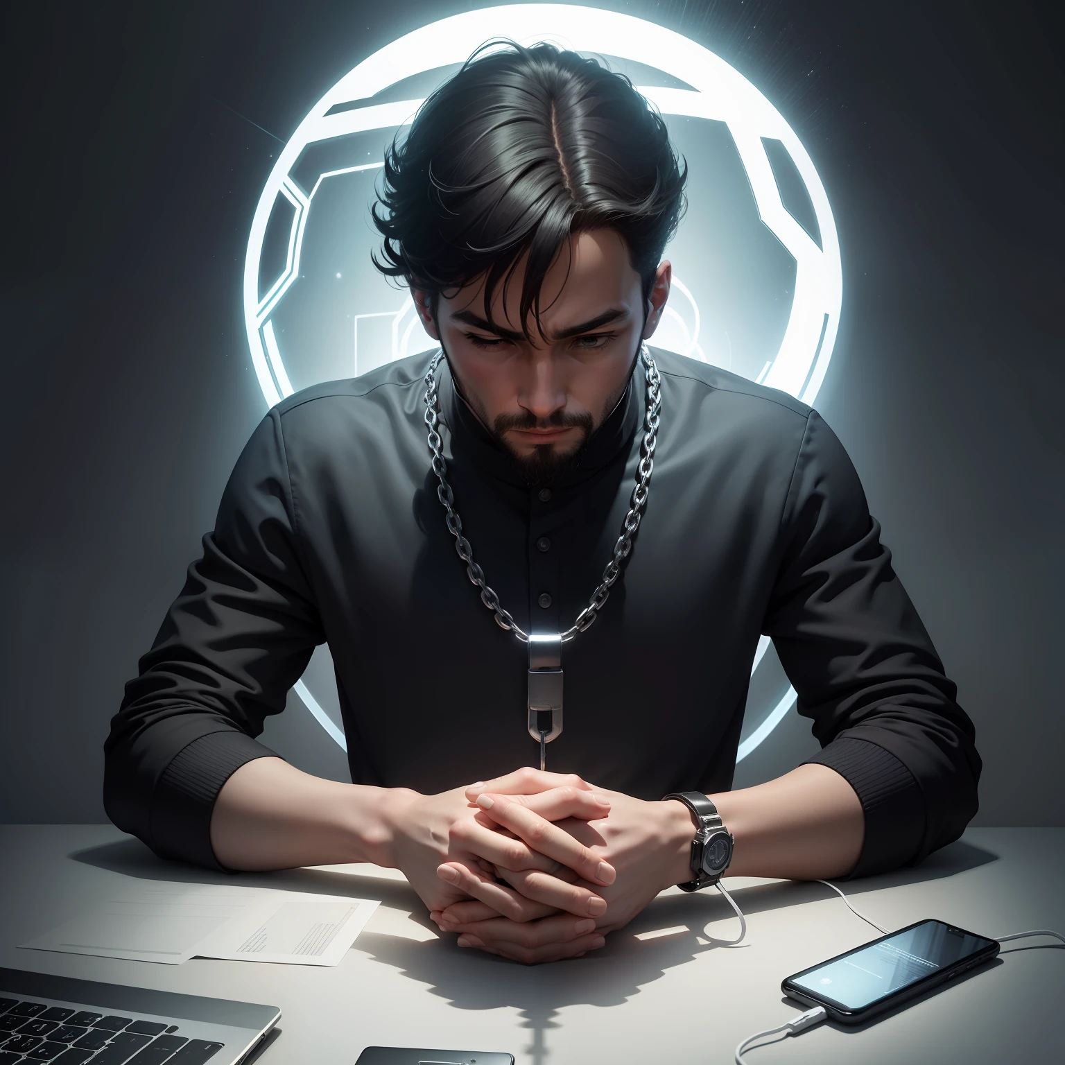 Um homen com semblante cansado, maos amarradas com uma corrente pesada, olhando a tela do computador , a chain coming out of the computer and tying the hands that are on the table, Ambiente escuro, luz do computador refletindo na cara do homen, melhor qualidade ultra deatalhes