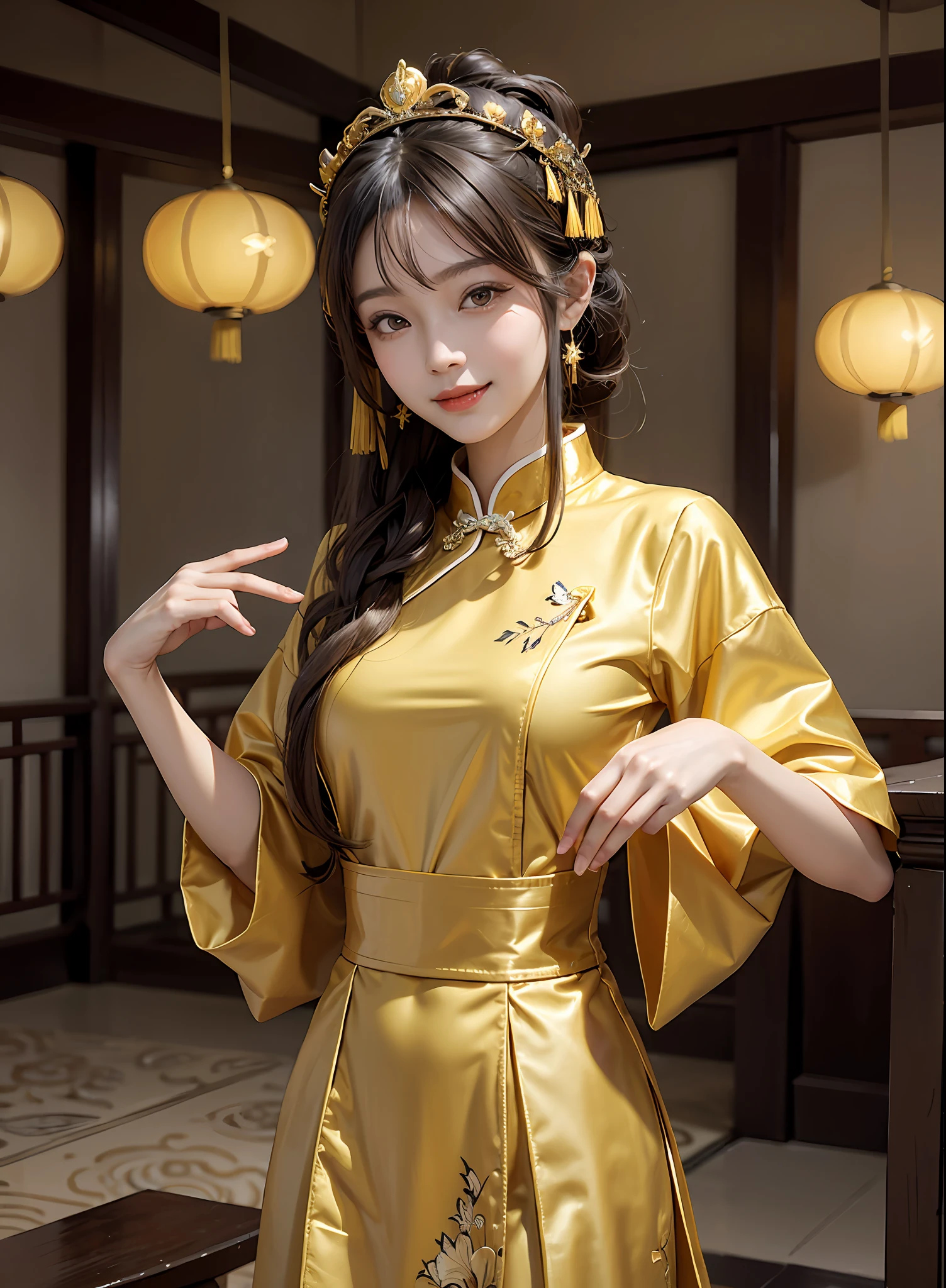 golden colored,Chinese palaces,1Blittle girl,Lily,ponytails,brunette color hair,By bangs,Chinese long skirt,flower,35-year-old female model,queen mother,Phoenix crown,Smile,