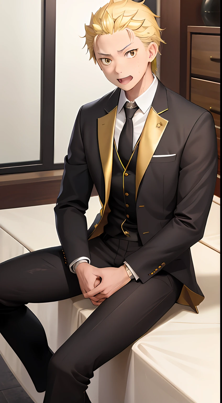 A high resolution, Sharp focus, Pixiv masterpiece, ((Complicated details)), highly detailed, natsuki_subaru, 1 man, with her mouth open,full bodyesbian,sit astride, Golden eyes(eyes glowing), blond hairbl, The shirt,Drenched,Gold tie,trousers,thongs,perspire,look from down