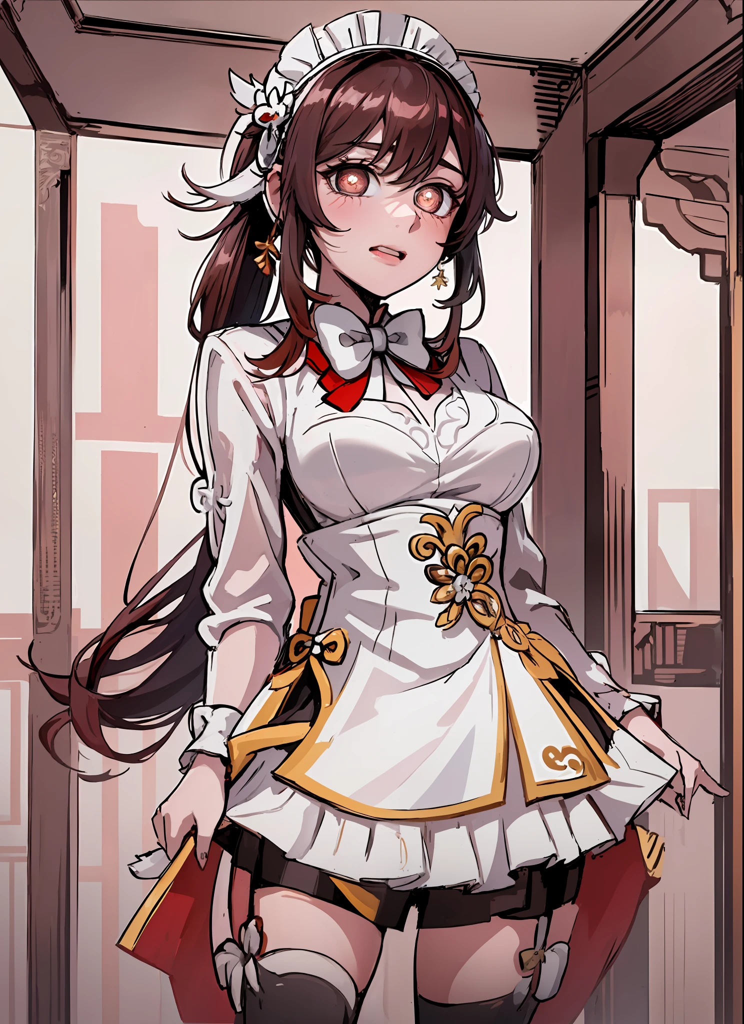 (white background:1.4), (masterpiece, best quality:1.2), (solo), (1girl), best quality, (photorealistic:1.4),ultra detailed, solo, (full body:1.5), standing, hutao\(genshin\), love in eyes, double ponytail, bow hairpins, blushing, shyness, drooling, rolling eyes, white bow tie, maid outfit, long sleeves, miniskirt, big breasts