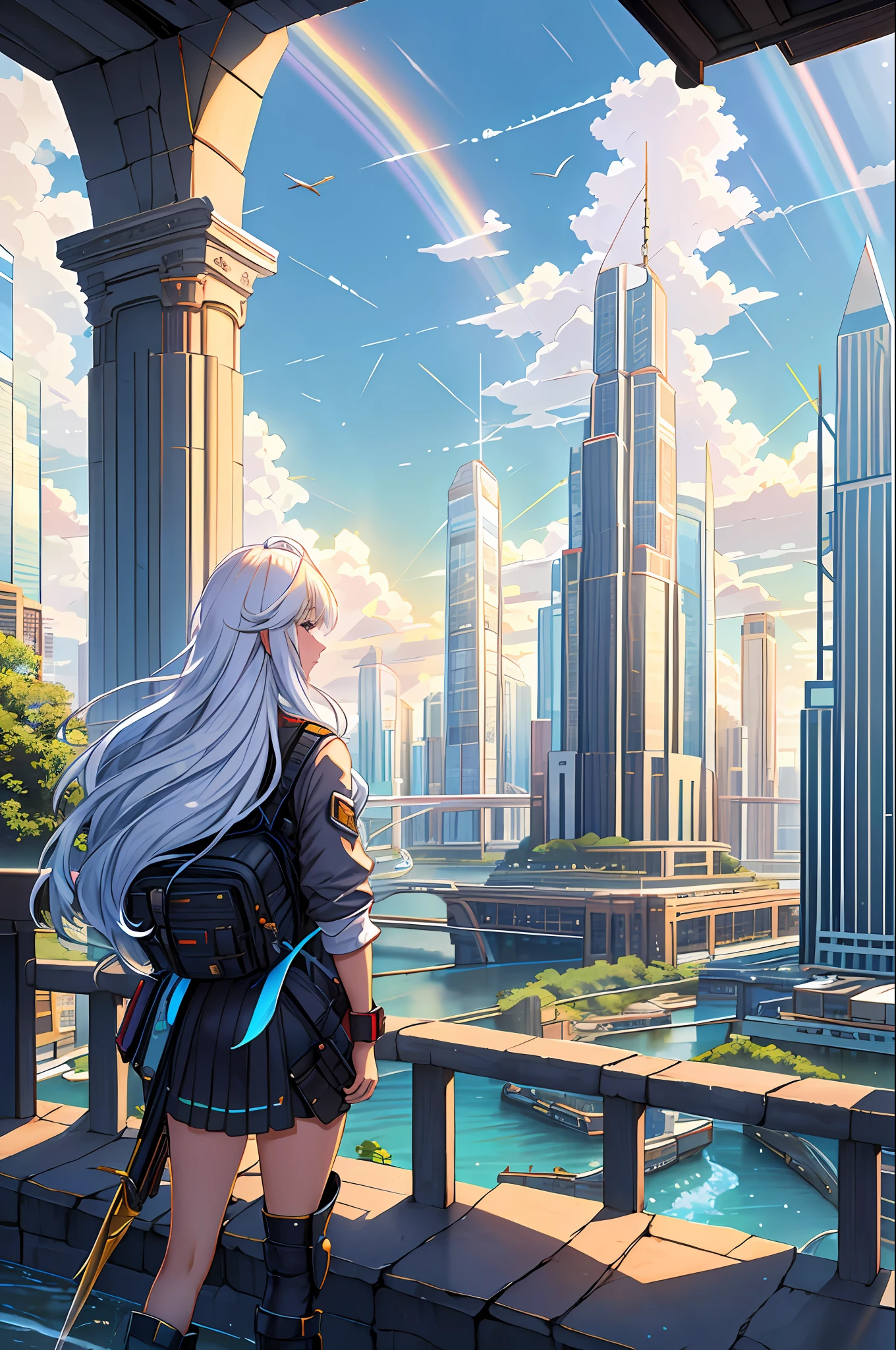 cityscape, city, cloud, scenery, skyscraper, building, cloudy sky, sky, long hair, from behind, outdoors, bird, ruins, 1girl, sunlight, tower, facing away, city lights, green hair, water, sunbeam, light rays, bridge, post-apocalypse, tree, backpack, very long hair, lens flare, knee boots, mountain, river, waterfall, white hair, solo, weapon, skyline, rainbow, neon trim