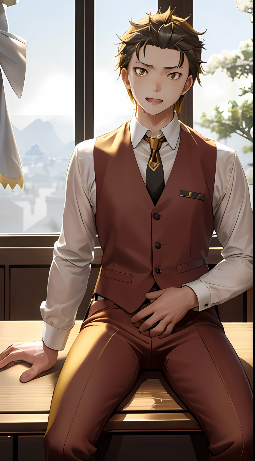 A high resolution, Sharp focus, Pixiv masterpiece, ((Complicated details)), highly detailed, natsuki_subaru, 1 man, with her mouth open,full bodyesbian,sit astride, Golden eyes(eyes glowing), blond hairbl, The shirt,Drenched,Gold tie,trousers,thongs,perspire,look from down