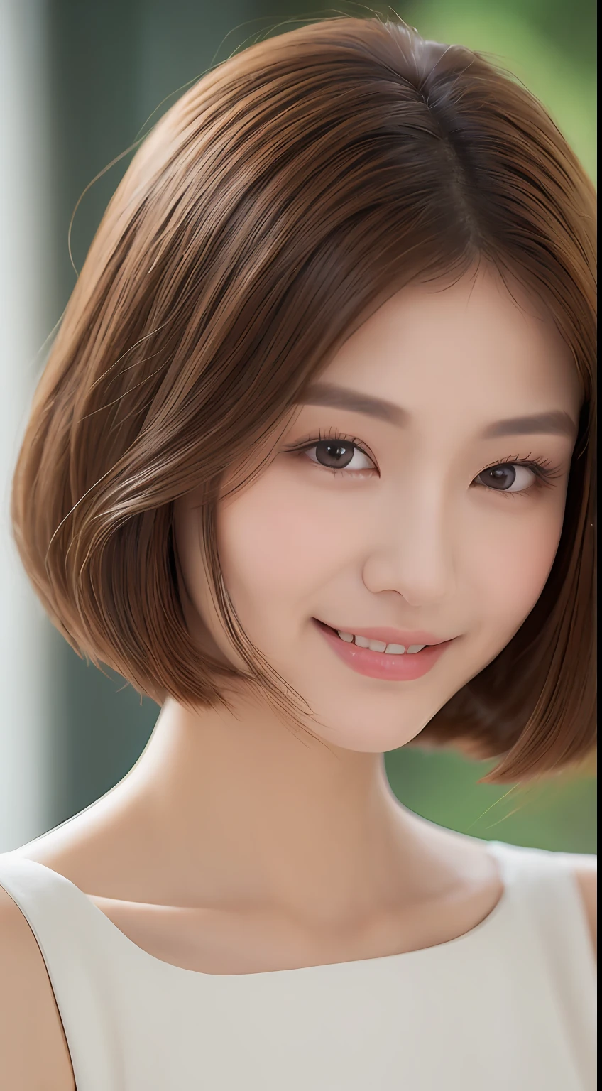 ((Best Quality, 8K, Masterpiece: 1.3)), 1 Girl, Slim Abs Beauty: 1.3, (Hairstyle Brown Hair Shortcut, Big: 1.2), Dress: 1.1, Super Slender Face, Delicate Eyes, Double Eyelids, Smile, Home, Raw Photo