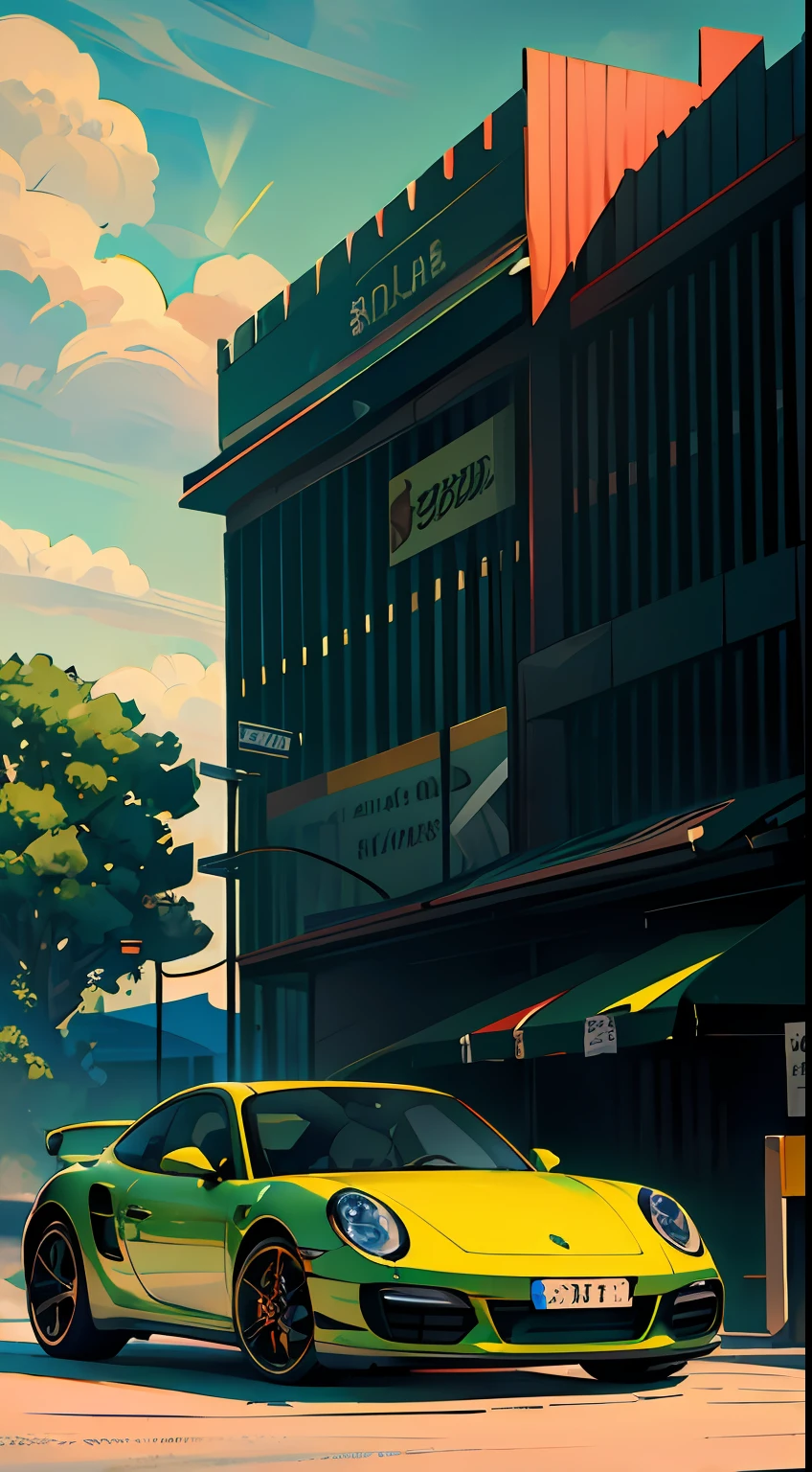 Sport Porsche 911 turbo s, ((green)), full shot, intense colors