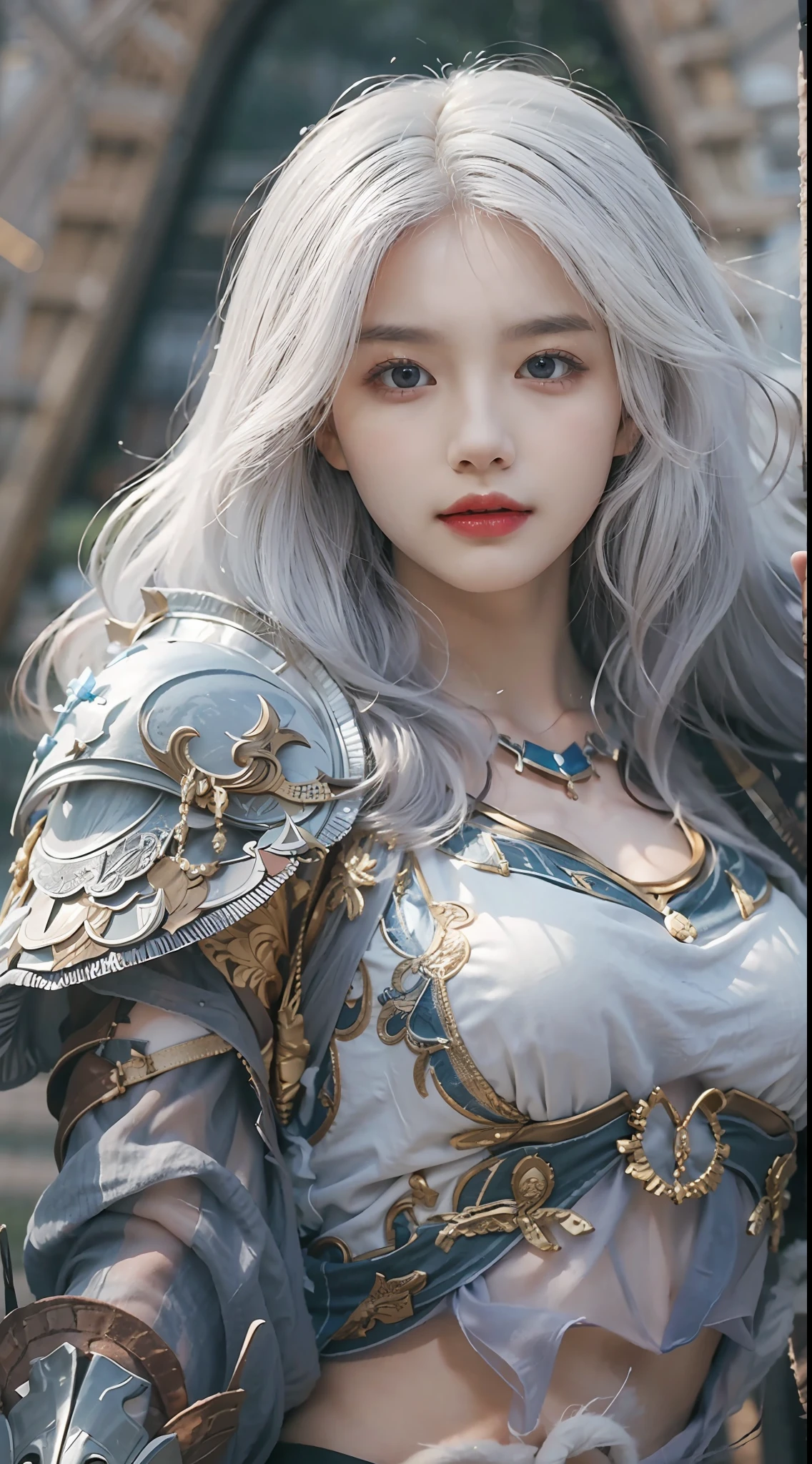 white hair, intricate azure armor, detailed gorgeous face, beautiful young South Korean girl, medium length white hair, toned stomach, showing midriff, (photorealistic, photorealism), (8k, RAW photo, highest quality, masterpiece, ultra-high resolution, physics-based rendering),