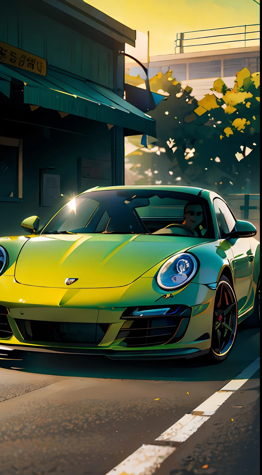 Sport Porsche 911 turbo s, ((green)), full shot, intense colors
