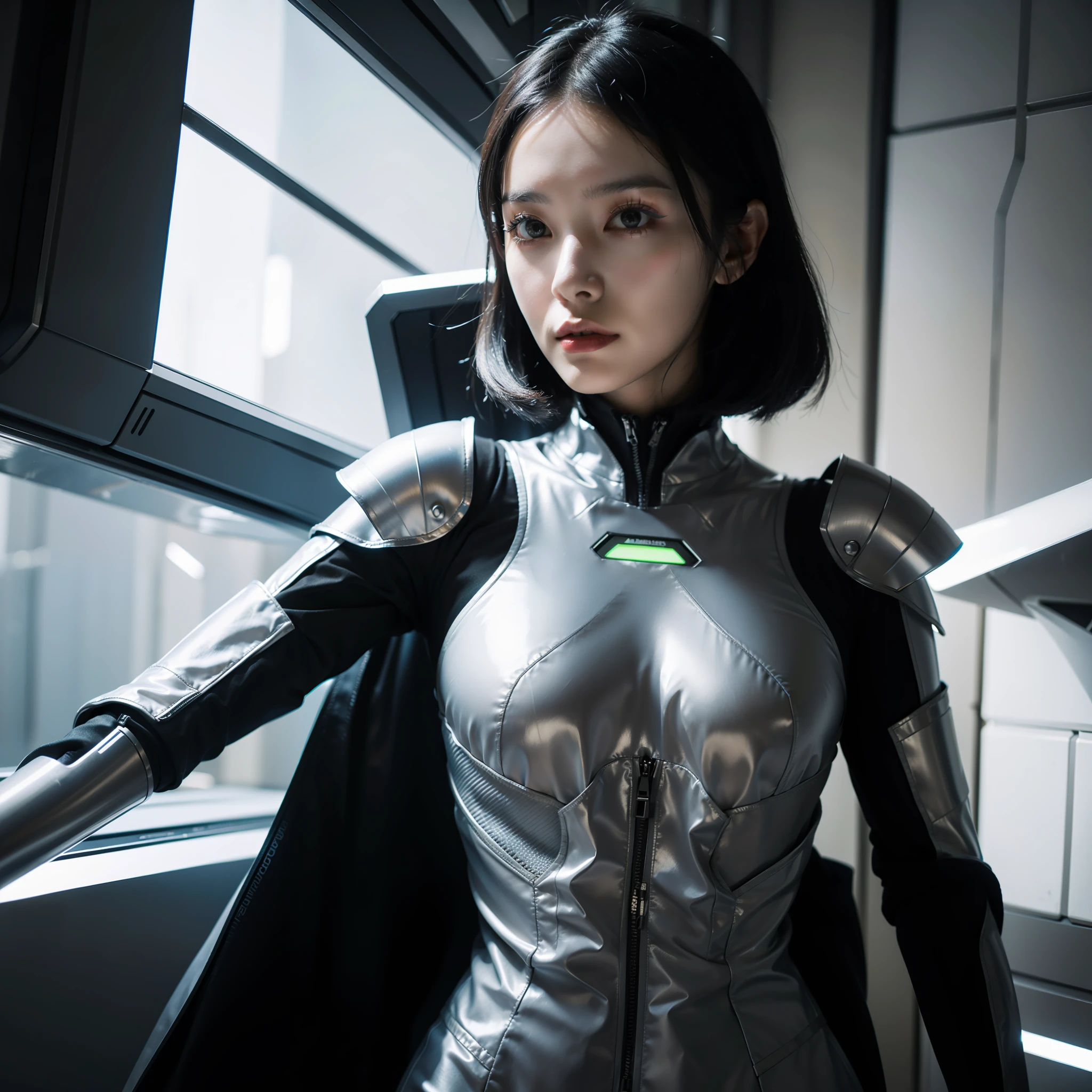 Arad woman in gray dress poses for a photo, fashionable futuristic woman, wearing futuristic clothing, cyborg fashion model, wearing futuristic, portrait of a sci - fi woman, futuristic woman portrait, cyborg fashion shot, futuristic outfit, inspired by Gao Cen, wearing tight suit, By Fei Danxu, Futuristic clothing, white cyborg fashion shot, Inspired by Gao Qipei