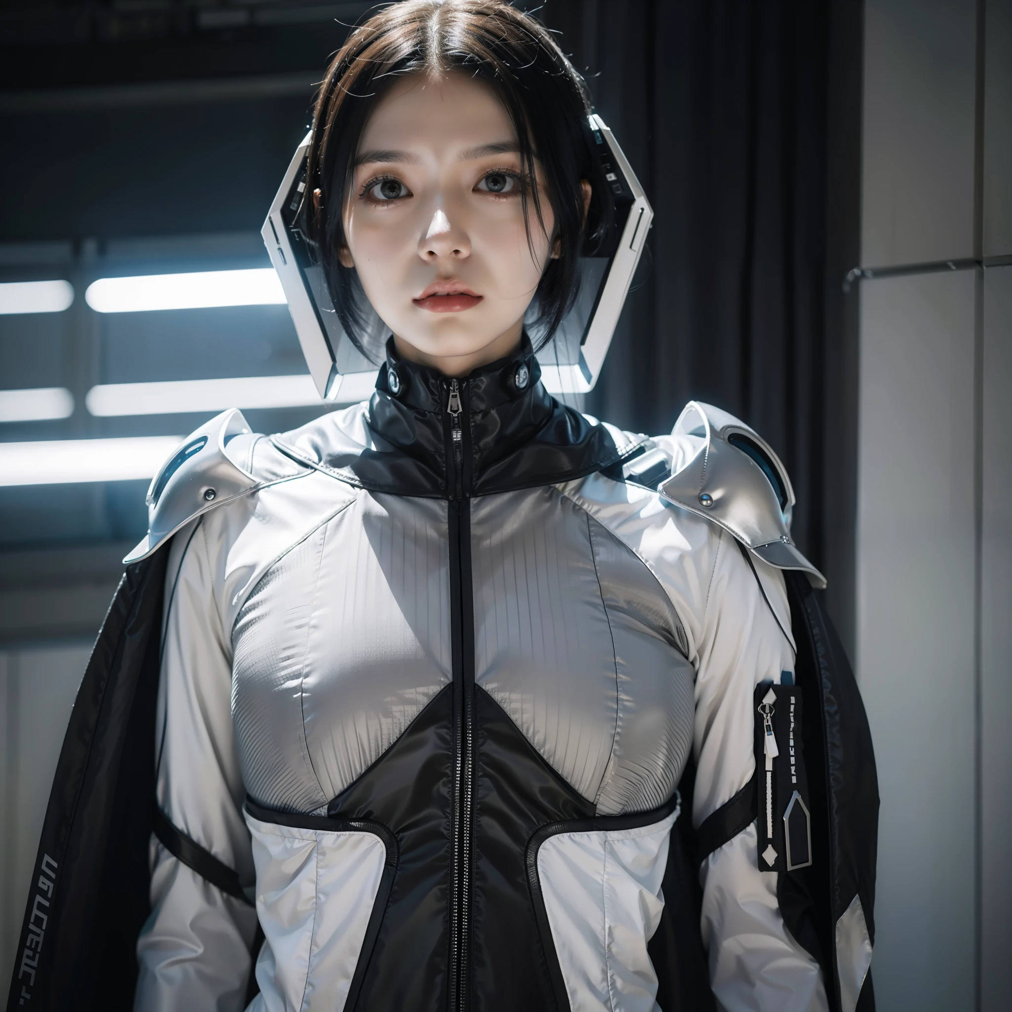 Arad woman in gray dress poses for a photo, fashionable futuristic woman, wearing futuristic clothing, cyborg fashion model, wearing futuristic, portrait of a sci - fi woman, futuristic woman portrait, cyborg fashion shot, futuristic outfit, inspired by Gao Cen, wearing tight suit, By Fei Danxu, Futuristic clothing, white cyborg fashion shot, Inspired by Gao Qipei