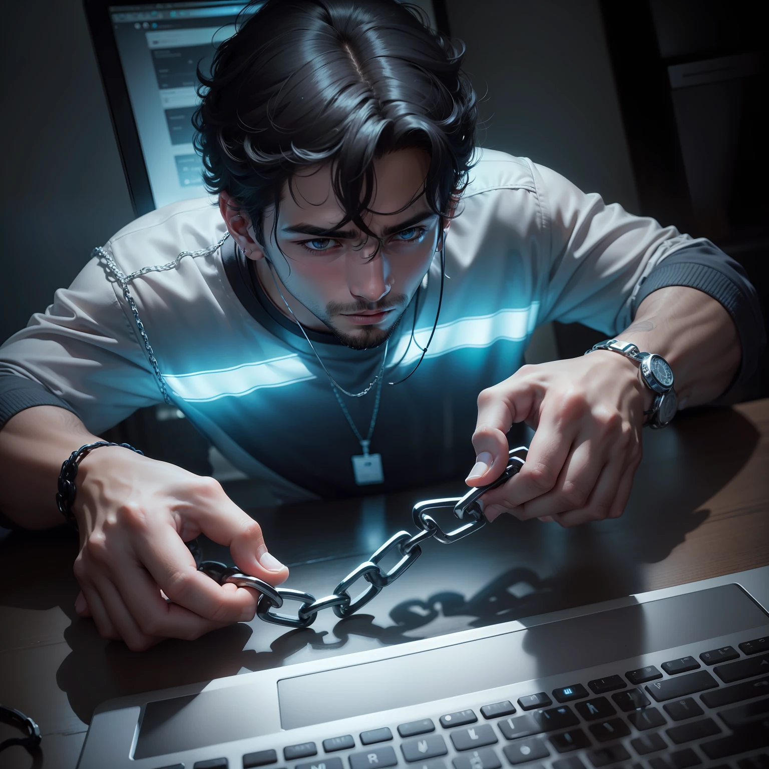 Um homen com semblante cansado,olhando a tela do computador , a chain coming out of the computer and tying the hands that are on the table, Ambiente escuro, luz do computador refletindo na cara do homen, melhor qualidade ultra deatalhes, corrente amarrando as maos do homen, homen com as maos amarradas