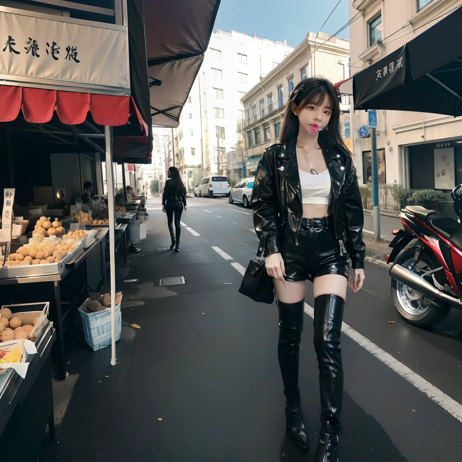 The city of the future,Buildings,Cool girl,Short leather jacket and leather pants,Eat lollipops in your mouth,In a noisy street market,sunny clear sky,baiyun,There are flying cars in the sky