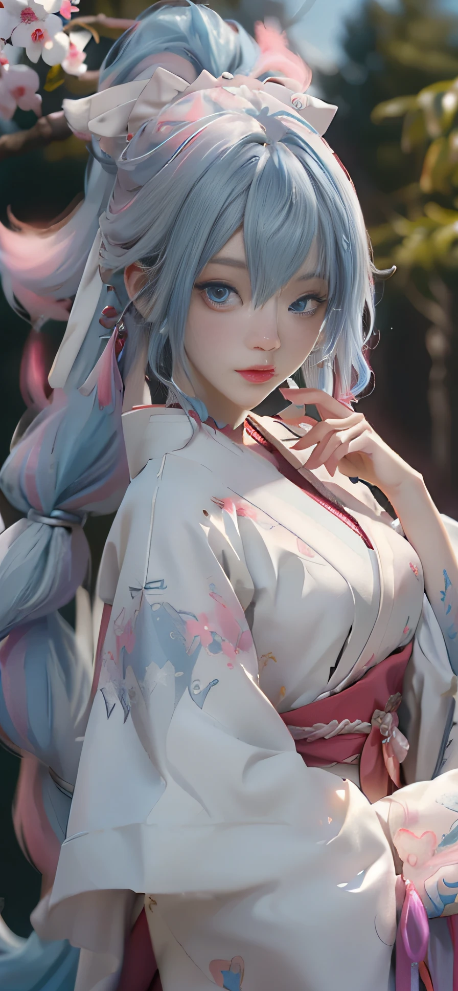 Anime girl with white hair, blue eyes and red umbrella,white-haired god,Kushat Krenz key art feminization,onmyoji detailed art,onmyoji portrait,best anime 4k Konachang wallpapers,detailed digital anime art,anime goddess,High detail official artwork,detailed anime art,onmyoji,portrait of a female anime hero,chibiStyle,loli face,The beauty of high cold is moving,(((colorfulhair))),((Half blue, half pink hair)),(Perfect eye painting),eyes with brightness,choker necklace,耳Nipple Ring,Delicate mouth,Delicate nose,Delicate makeup,Braided ponytail hair,Red lips,(Purple eyes)。perfect body figure,(Streamer Girl),Yellow T-shirt,Delicate tassels,expressioness,ribbons,is shy,Efeito de Luz,downy,white backgrounid,ultra-clear,HD picture,full-body portraits,frontage,having fun,(Hand held fan),the cherry trees,Petite