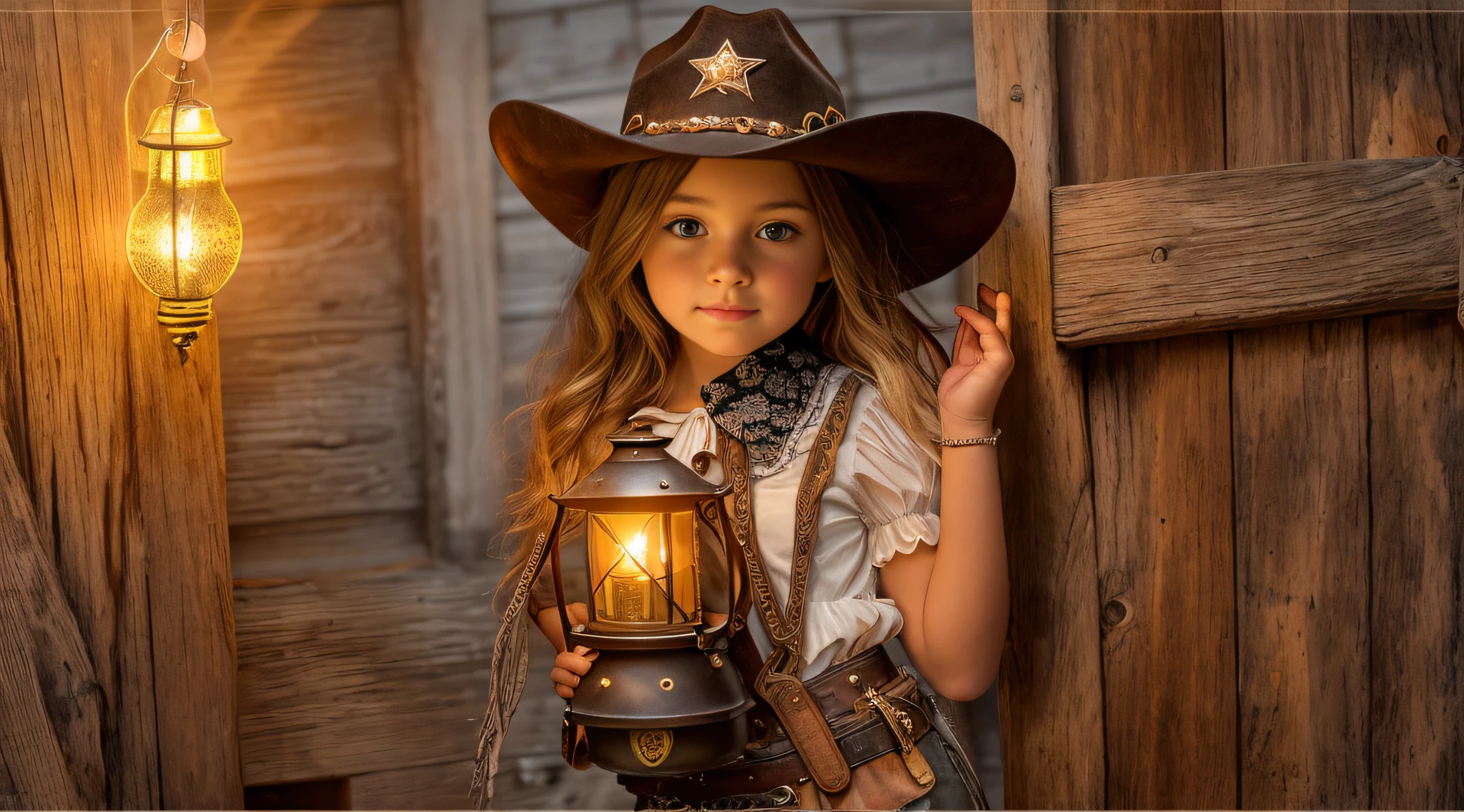 arafed girl in a cowboy hat holding a lantern, holding a lantern, cowgirl, girl under lantern, western cowgirl, dressed as a western sheriff, cow-girl, beautiful cowboy witch, young girl in steampunk clothes, female cowgirl, girl, by Linda Sutton, , lighting, photo of the girl, wearing a cowboy hat, next gen, portrait rugged girl