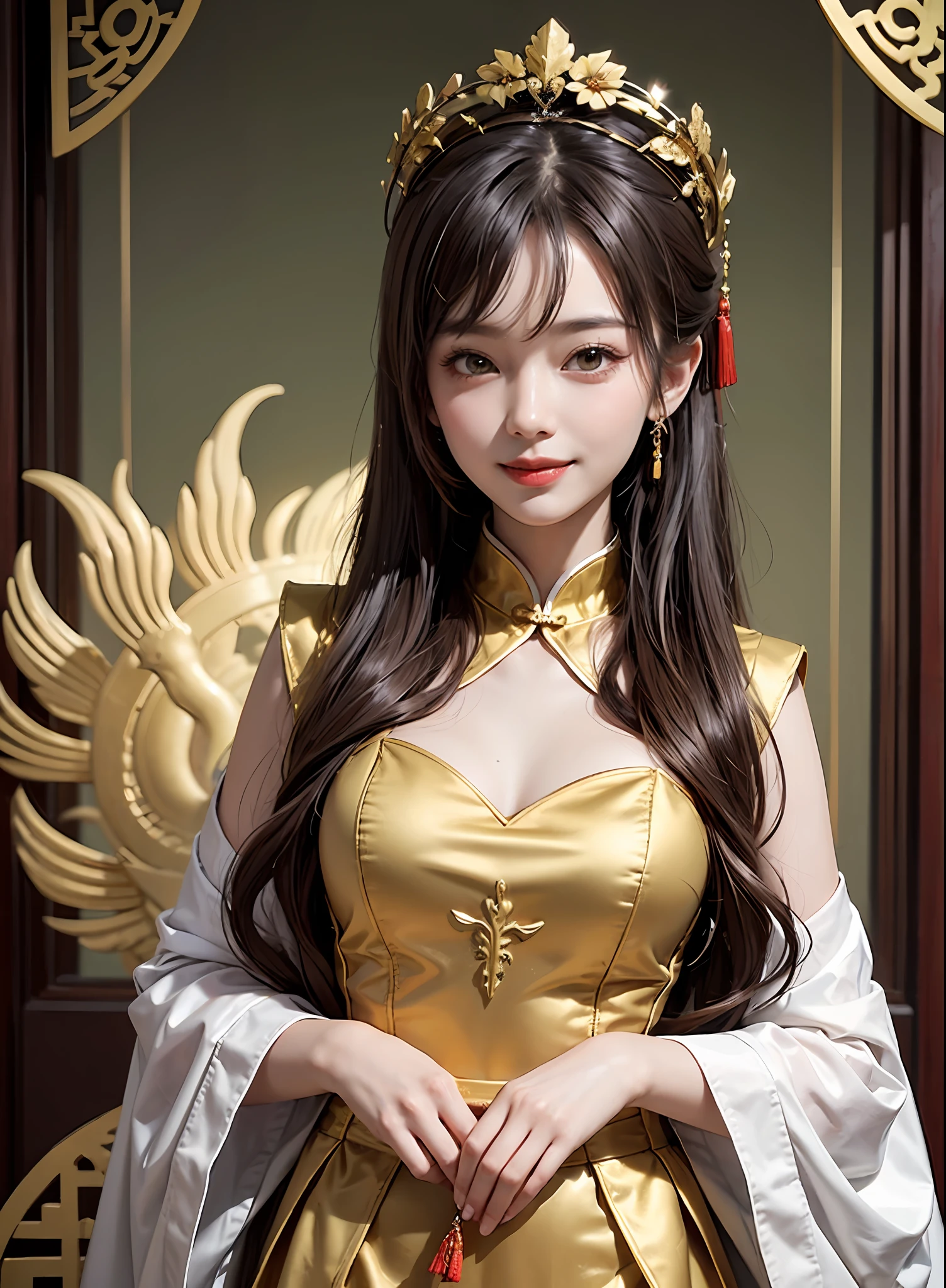 golden colored,Chinese palaces,1Blittle girl,Lily,ponytails,brunette color hair,By bangs,Chinese long skirt,flower,35-year-old female model,queen mother,Phoenix crown,Smile,