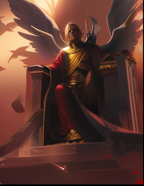 um homem sentado em um trono com uma espada, Anjo sentado no Trono, lucifer almejando o trono de deus, com grandes asas