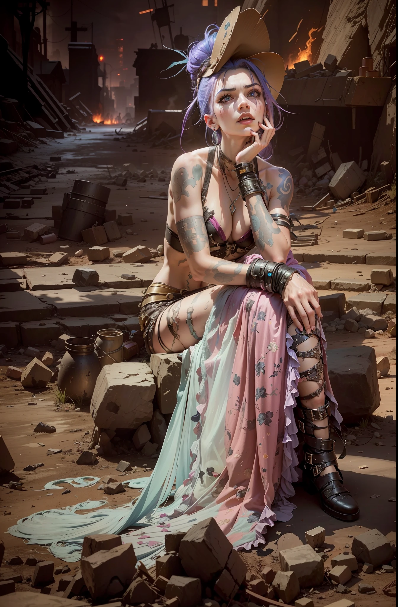 ((Best quality)), ((masterpiece)), (highly detailed:1.3), 3D, arcane style,In the dark and courageous dystopian city of Piltover, plagued by violence and divided into two opposing factions, a young prodigy named Jinx emerges. Having endured unimaginable loss and abandonment, she embraced a life of chaos and destruction. Known for her inventive and explosive abilities, Jinx becomes an icon of rebellion against the oppressive forces that control the city. However, haunted by guilt and battling inner demons, she must confront her past and decide whether to continue on the path of anarchy or seek redemption amid the turmoil. Explore Jinx's journey as she navigates a treacherous world, fighting for survival, unlocking secrets, and discovering the true meaning of her twisted existence, chaos reigns supreme, and at the center of it all is Jinx, the embodiment of unpredictability. Delve deep into Jinx's twisted mind, exploring the origins of his madness and the driving force behind his destructive nature. Unravel the moments that shaped her into the crazed, iconic character we know. Take us on a wild journey through the vibrant streets of Piltover and the shadowy suburb of Zaun as Jinx wreaks havoc with his explosive arsenal. Can redemption find its way into Jinx's fractured soul? Or will she dance forever on the edge of sanity, embracing the chaos that fuels her very existence? Arcane's fate hangs in the balance as Jinx's path intertwines with unlikely allies and formidable enemies. Ignite your imagination and paint a vivid portrait of Jinx's distorted psyche, capturing the essence of her madness and the indomitable spirit that defines it, HDR (High Dynamic Range), Ray Tracing, NVIDIA RTX, Super-Resolution, Unreal 5, Subsurface Scattering, PBR Texturing, Post-processing, Anisotropic Filtering, Depth of Field, Maximum Clarity and Sharpness, Multit Textures