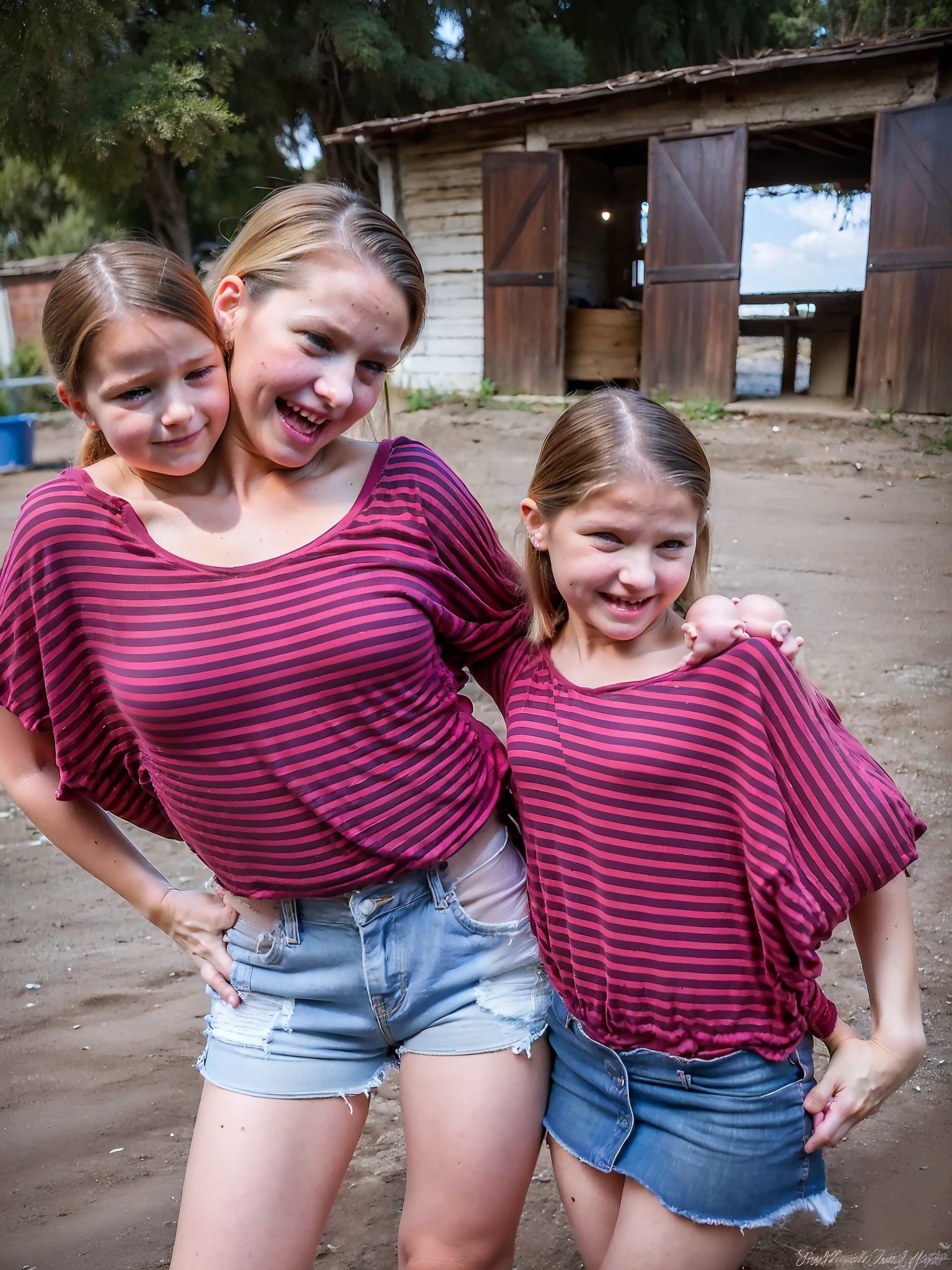 2heads, two headed girl, (mom and daughter attached to each other:1.5), (one of the conjoined heads is a young :1.5), (one torso:1.5), (female:1.5), (blonde:1.5), (two heads attached to one body:1.4), conjoined twins, heads side by side, one body, young, uncomfortable, barefoot, bare breasts