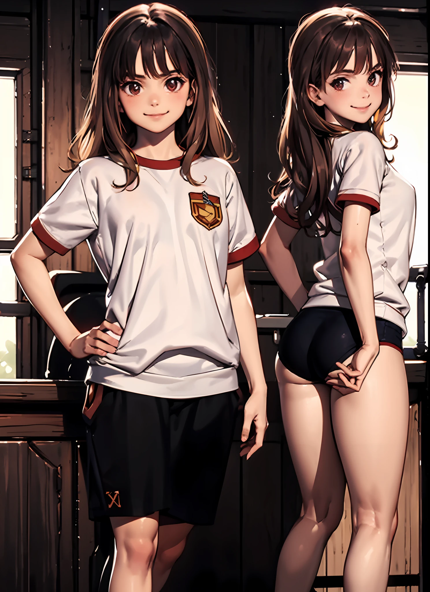 Masterpiece, Look at the viewer, 1girl, 独奏, gym uniform, brown hair, hairlong, ssmile, Cowboy shot, Smile, Hermione Granger, stands, wide thighs, elastic ass, Athletic hips