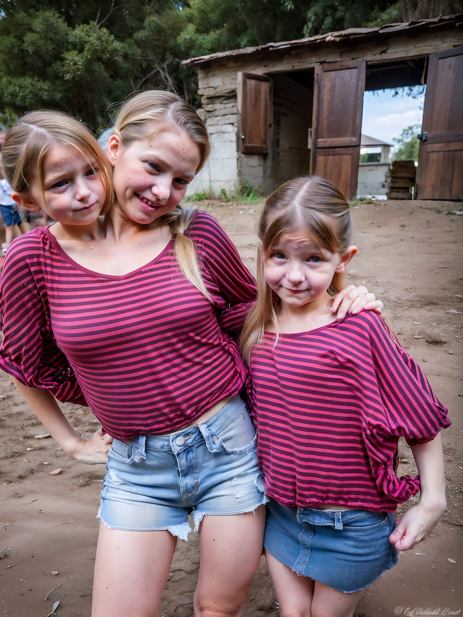 2heads, two headed girl, (mom and daughter attached to each other:1.5), (one of the conjoined heads is a young child:1.5), (one torso:1.5), (female:1.5), (blonde:1.5), (two heads attached to one body:1.4), conjoined twins, heads side by side, one body, young, uncomfortable, barefoot, bare breasts