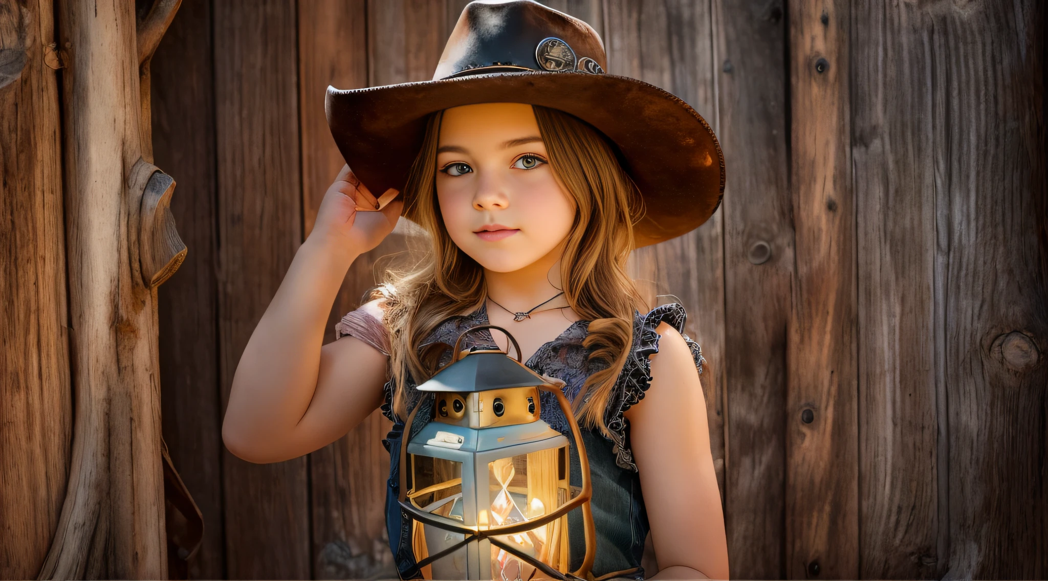 arafed girl in a cowboy hat holding a lantern, holding a lantern, cowgirl, girl under lantern, western cowgirl, dressed as a western sheriff, cow-girl, beautiful cowboy witch, young girl in steampunk clothes, female cowgirl, girl, by Linda Sutton, ???, lighting, photo of the girl, wearing a cowboy hat, next gen, portrait rugged girl