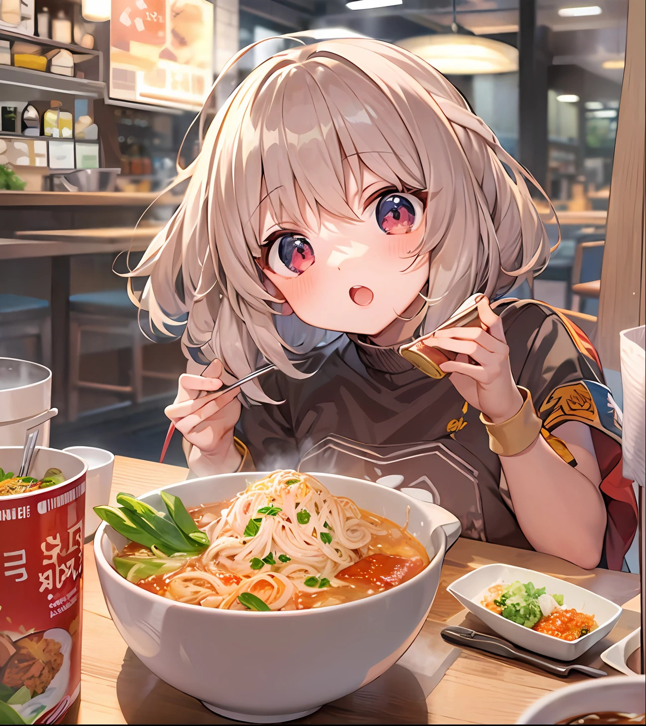 anime girl, restaurant, kimchi and instant noodles on the table
