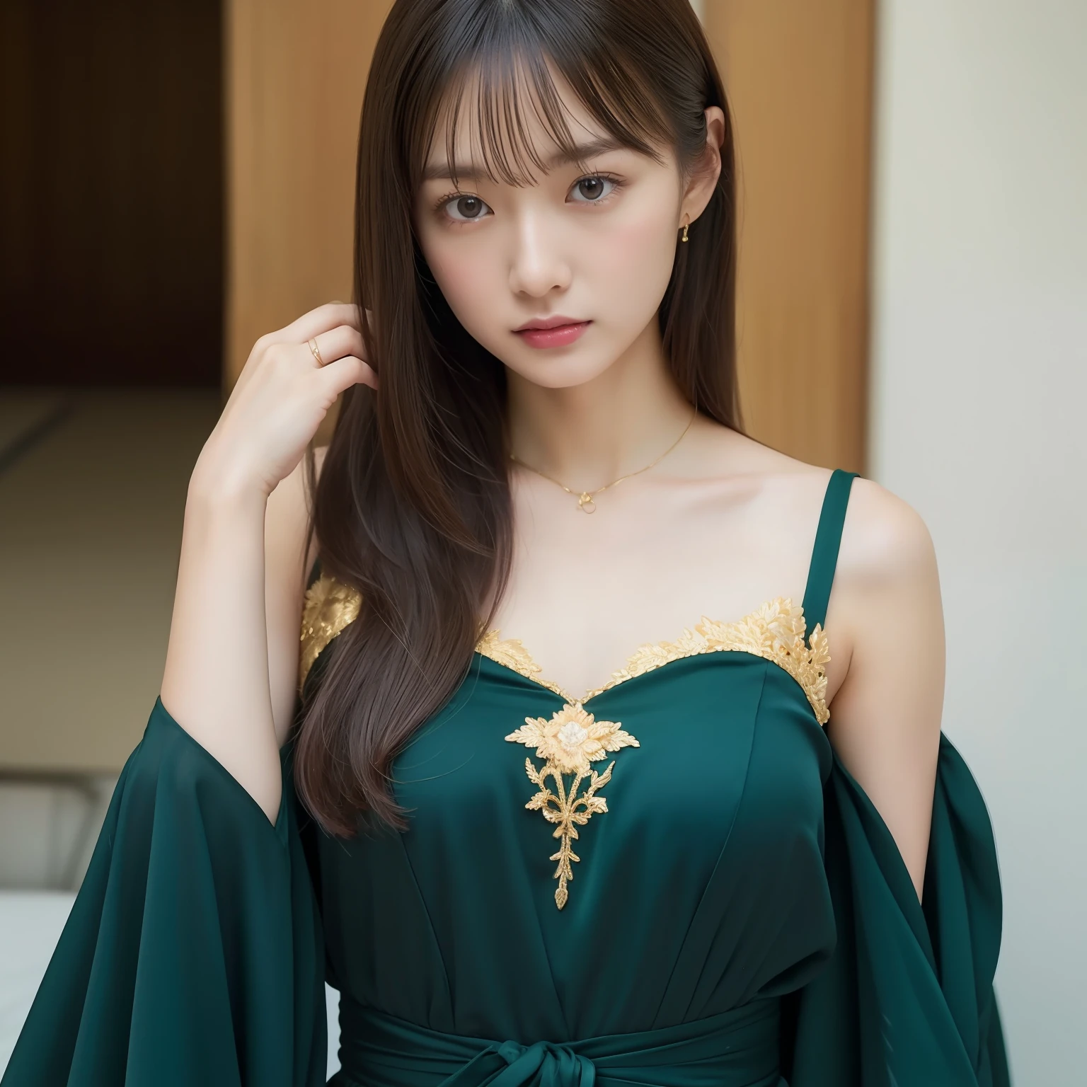 Top image quality、8K、Highest photo quality、RAW images、fully body photo、Japan girls1a person、Slender and delicate body、(fully body photo、Full body portrait)、200mm telephoto lens、kawaii、Dark Green Silk Long Dress、(halterneck、off shoulders)、(Large golden embroidery on the chest)、Cute Pose、medium distance shot、Slender Abs、Composition from the knee up、Gold headband、fully body photo、medium distance shot、