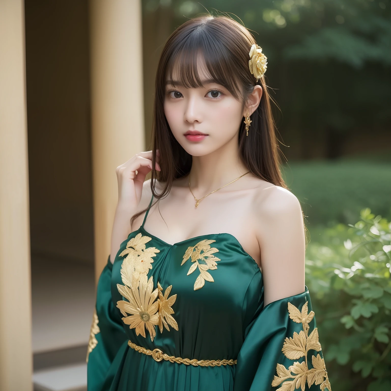 Top image quality、８K、Highest photo quality、RAW images、fully body photo、Japan girls１a person、Slender and delicate body、(fully body photo、Full body portrait)、200mm telephoto lens、kawaii、Dark Green Silk Long Dress、(halterneck、off shoulders)、(Large golden embroidery on the chest)、Cute Pose、medium distance shot、Slender Abs、Composition from the knee up、Gold headband、fully body photo、medium distance shot、