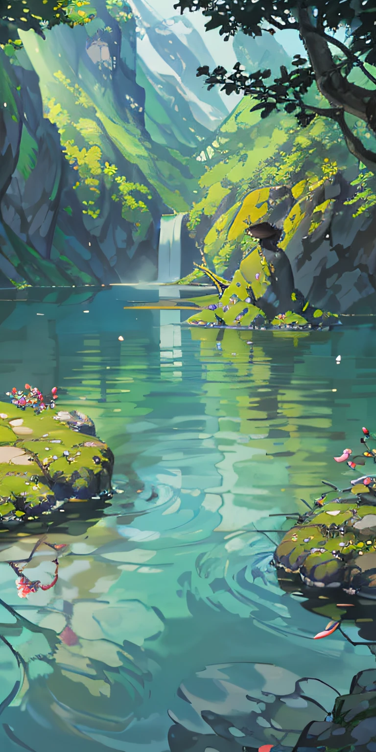 Chinese ancient times, spring, jungle, lake, cave, waterfall, tree, meadow, rock, deer, hot spring, water vapor, (illustration: 1.0), epic composition, realistic lighting, HD details, masterpiece, best quality, (very detailed CG unified 8k wallpaper)