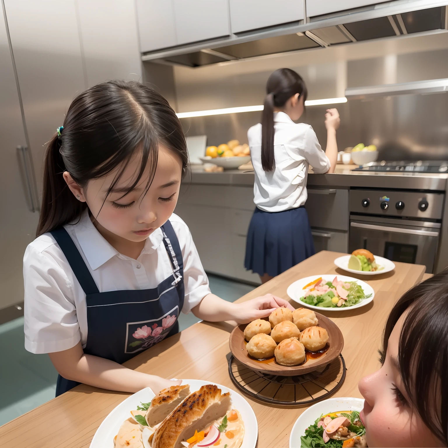 On the 180th floor of the Shanghai Tower,Five delicate cute s with upturned asses,junior school student,Cook in an upscale open kitchen