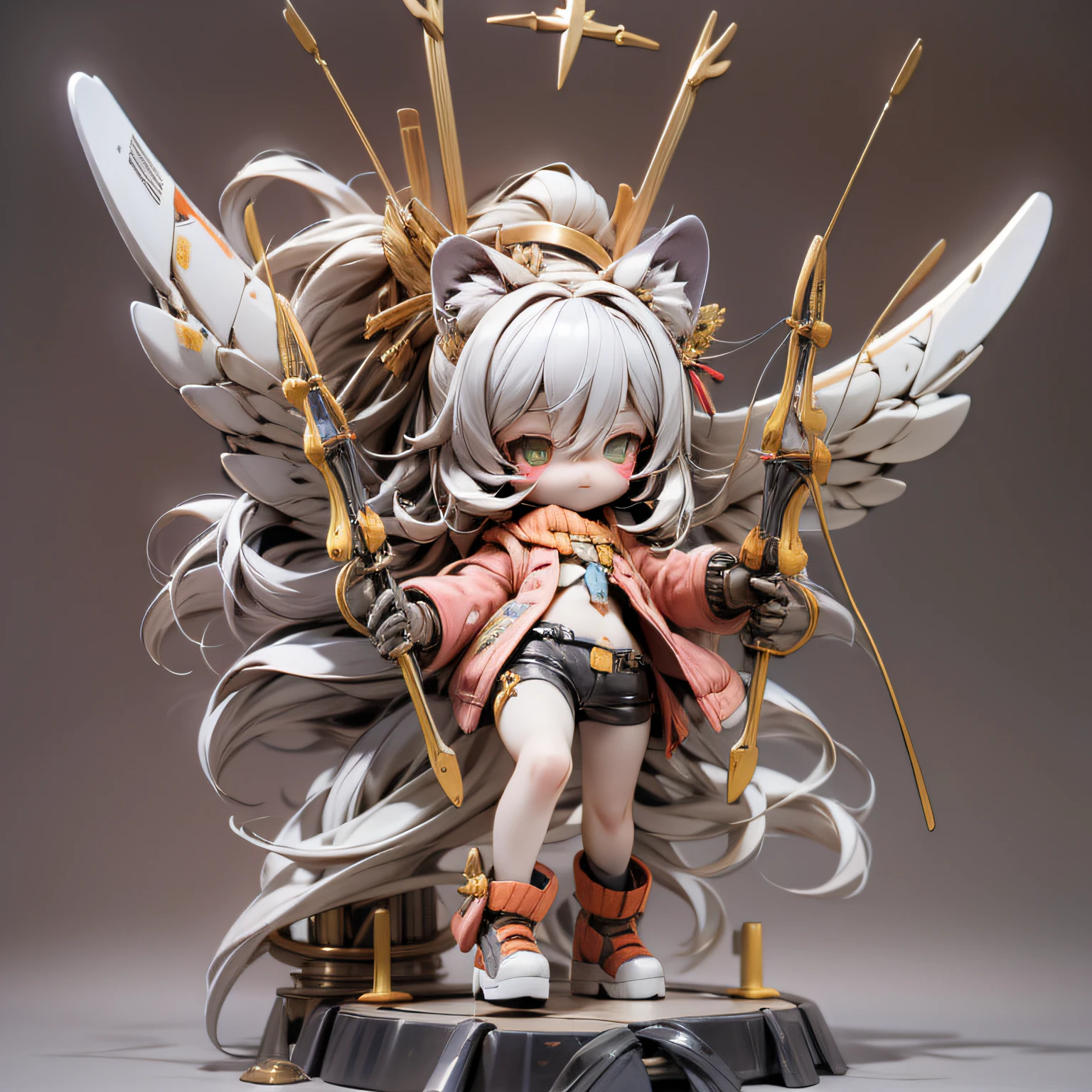 chibi, Complete broker, Maximum fine millimeters, ultra res, Highest standard prints, Body hallucinogens., Metal structure, Steel legs, My dear cat ears.., Steel Wings, High-tech metal crossbow stand