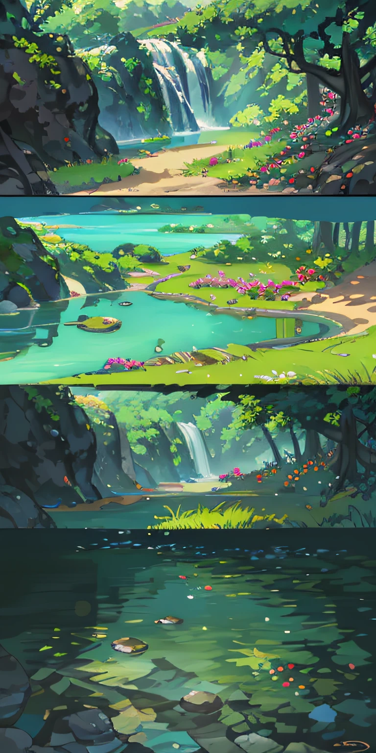 Chinese ancient times, spring, jungle, lake, cave, waterfall, tree, meadow, rock, deer, hot spring, water vapor, (illustration: 1.0), epic composition, realistic lighting, HD details, masterpiece, best quality, (very detailed CG unified 8k wallpaper)