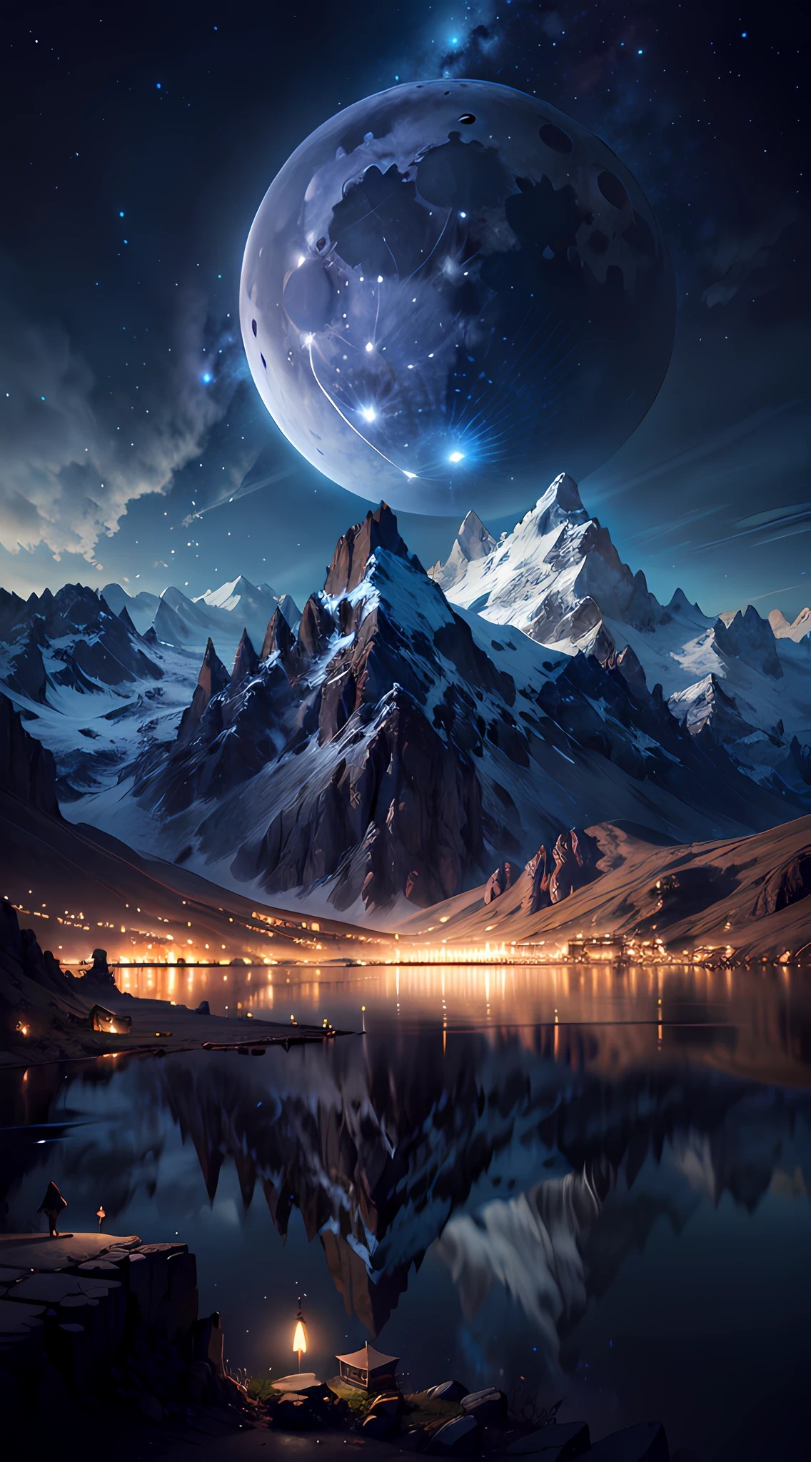 mountains and a lake with a full moon in the sky, 4k highly detailed digital art, sci-fi fantasy wallpaper, sci-fi fantasy desktop wallpaper, jessica rossier fantasy art, 4 k hd wallpaper very detailed, beautiful art uhd 4 k, concept art wallpaper 4k, 4k detailed digital art, 4k fantasy art, 8k stunning artwork