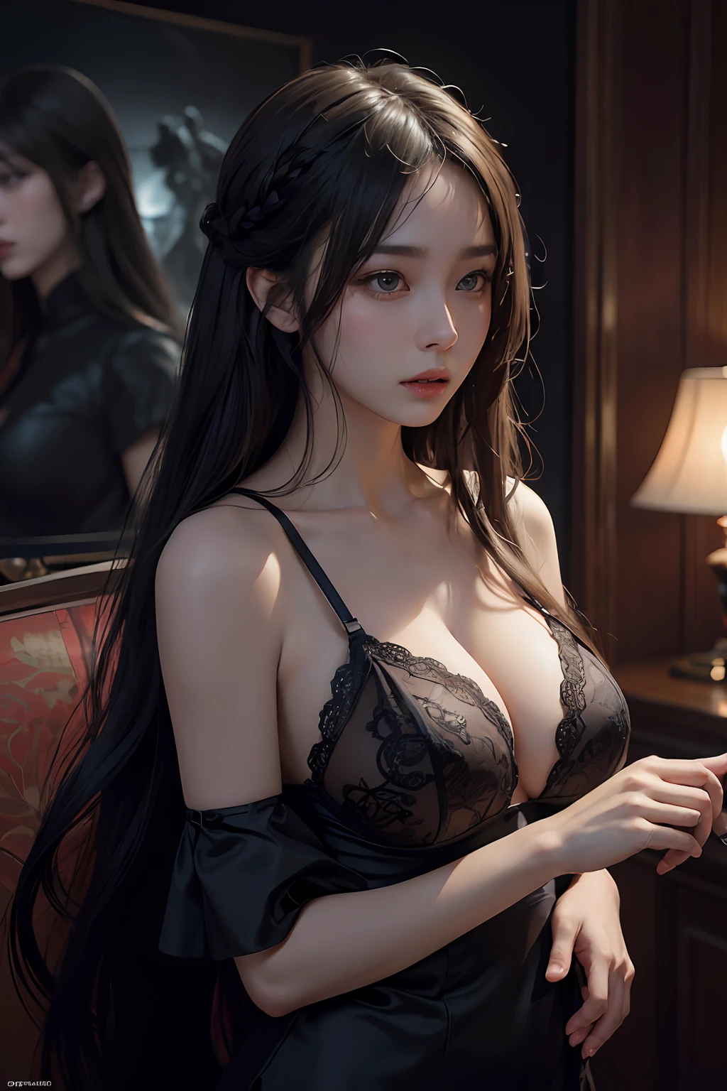 photographrealistic,动态照明,artstation,poster for,Volumetriclighting,Very detailed faces,4 k,Award-Awarded,,1girl,in the darkness nigth,deep shading,low tune,Erotic lingerie,long whitr hair,whaite hair,full bodyesbian