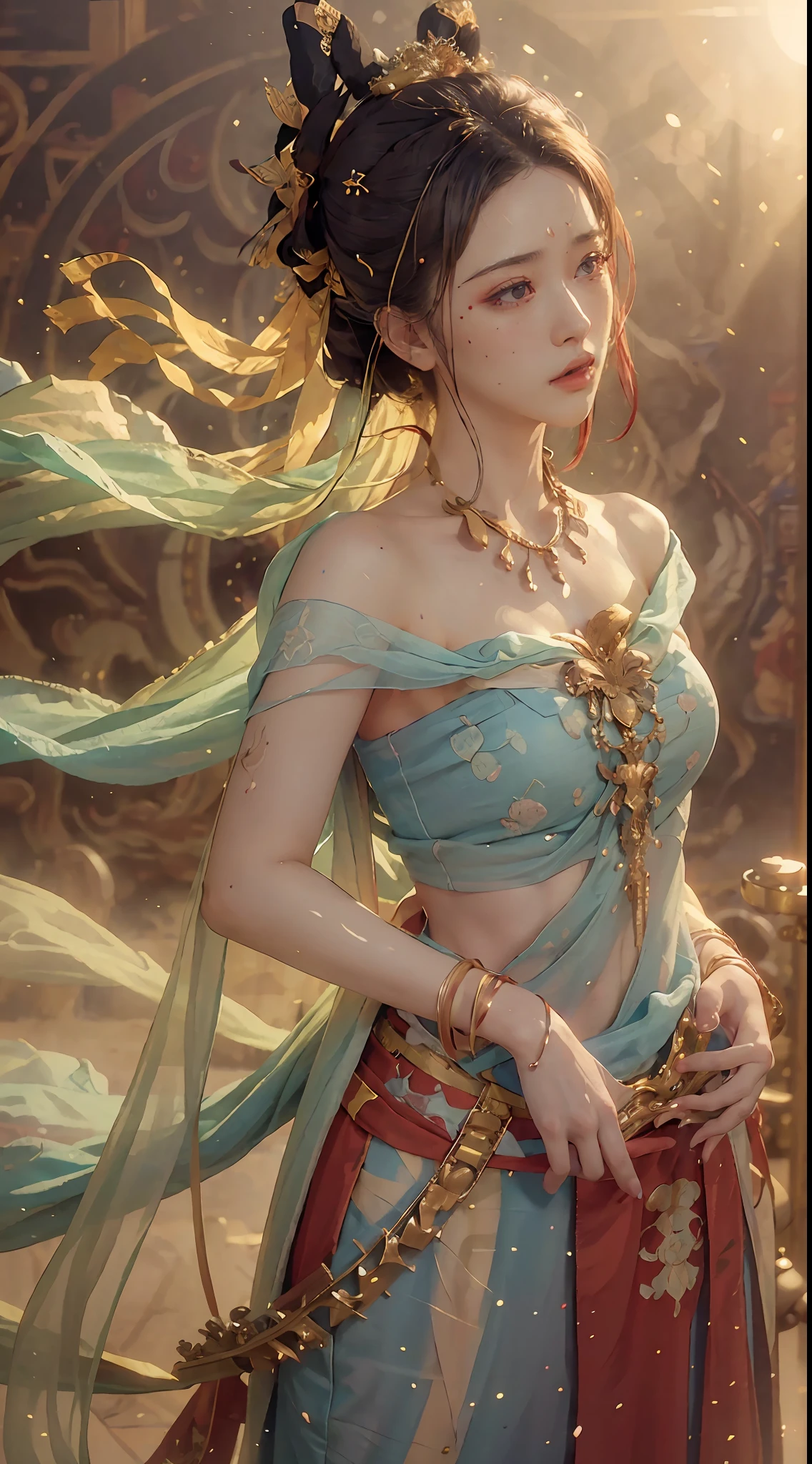 (RAW photo, best quality), (realistic, photo-realistic:1.3),best quality,highly detailed,masterpiece,ultra-detailed,illustration,1girl,upper_body,dynamic angle,world masterpiece theater,messy_long_hair,best quality,extremely detailed CG unity 8k wallpaper,ink,Amazing,cinematic lighting,lens_flare,,dunhuang_style