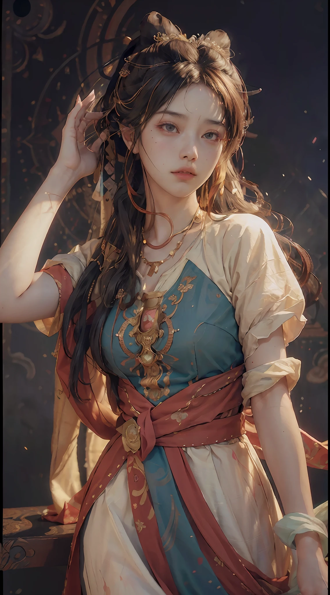 (RAW photo, best quality), (realistic, photo-realistic:1.3),best quality,highly detailed,masterpiece,ultra-detailed,illustration,1girl,upper_body,dynamic angle,world masterpiece theater,messy_long_hair,best quality,extremely detailed CG unity 8k wallpaper,ink,Amazing,cinematic lighting,lens_flare, dunhuang_style