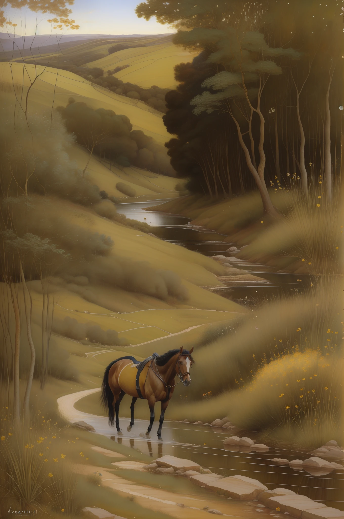 (((Pre Raphaelie Painting))) Colina com tojos amarelos, muitas flores amarelas, arbustos amarelos, cavalo selvagem, Colina, Ulex, cavalo selvagem