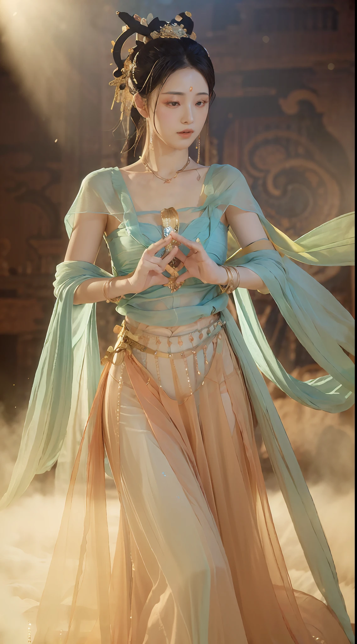 (8k, RAW photo, best quality, masterpiece:1.2), (realistic, photo-realistic:1.4), (extremely detailed CG unity 8k wallpaper), 1 girl solo, dance, dunhuang_dress, dunhuang_style, dunhuang_background,