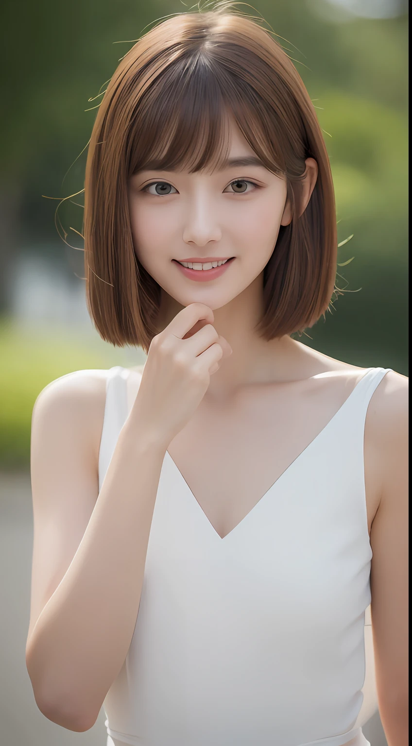 ((Best Quality, 8K, Masterpiece: 1.3)), 1 Girl, Slim Abs Beauty: 1.3, (Hairstyle Brown Hair Shortcut, Big: 1.2), Dress: 1.1, Super Slender Face, Delicate Eyes, Double Eyelids, Smile, Home, Raw Photo