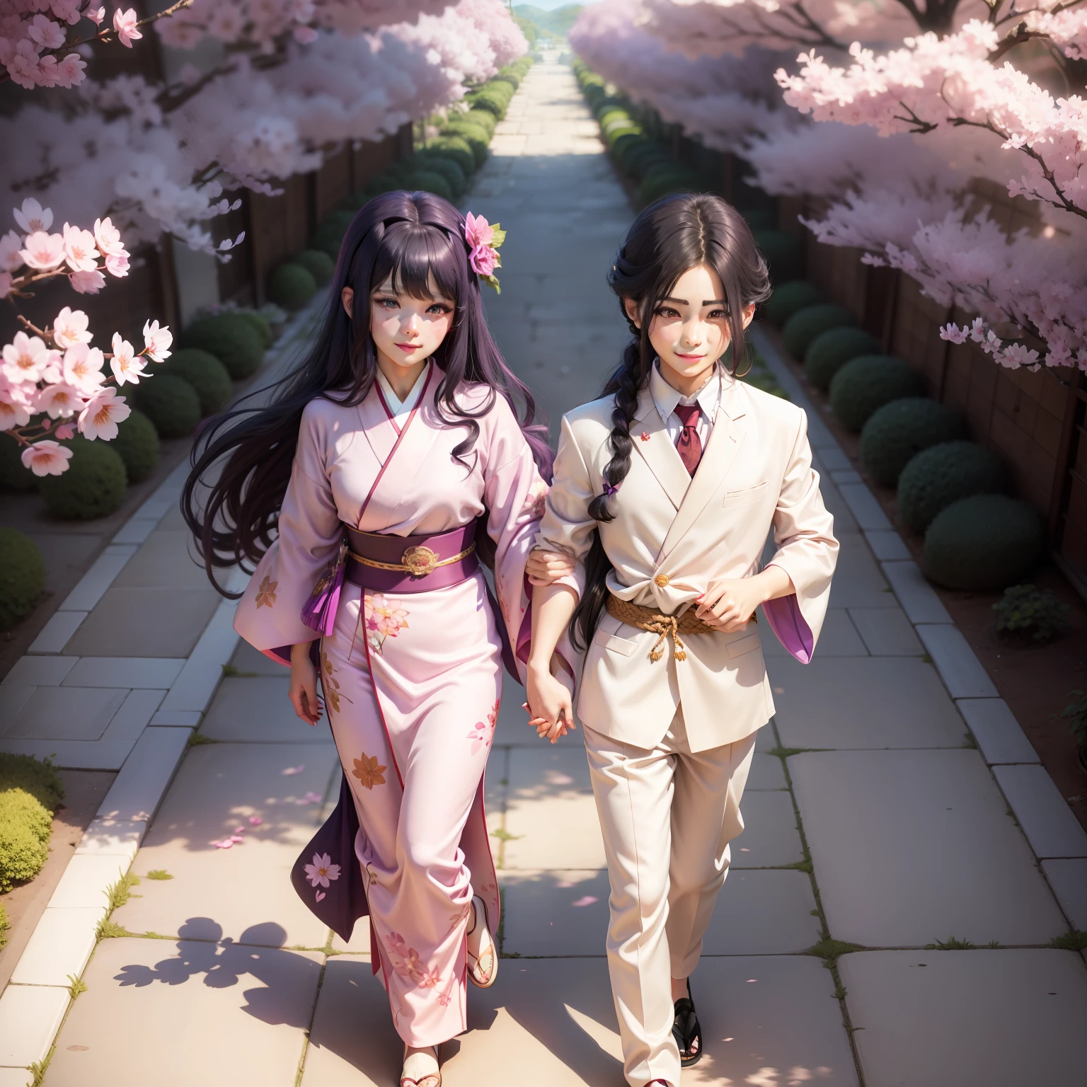 Girl long hair purple eyes smile garden spring pink cherry blossom kimono boy black hair short hair blue eyes Japanese style clothes shy kimono holding hands anime style