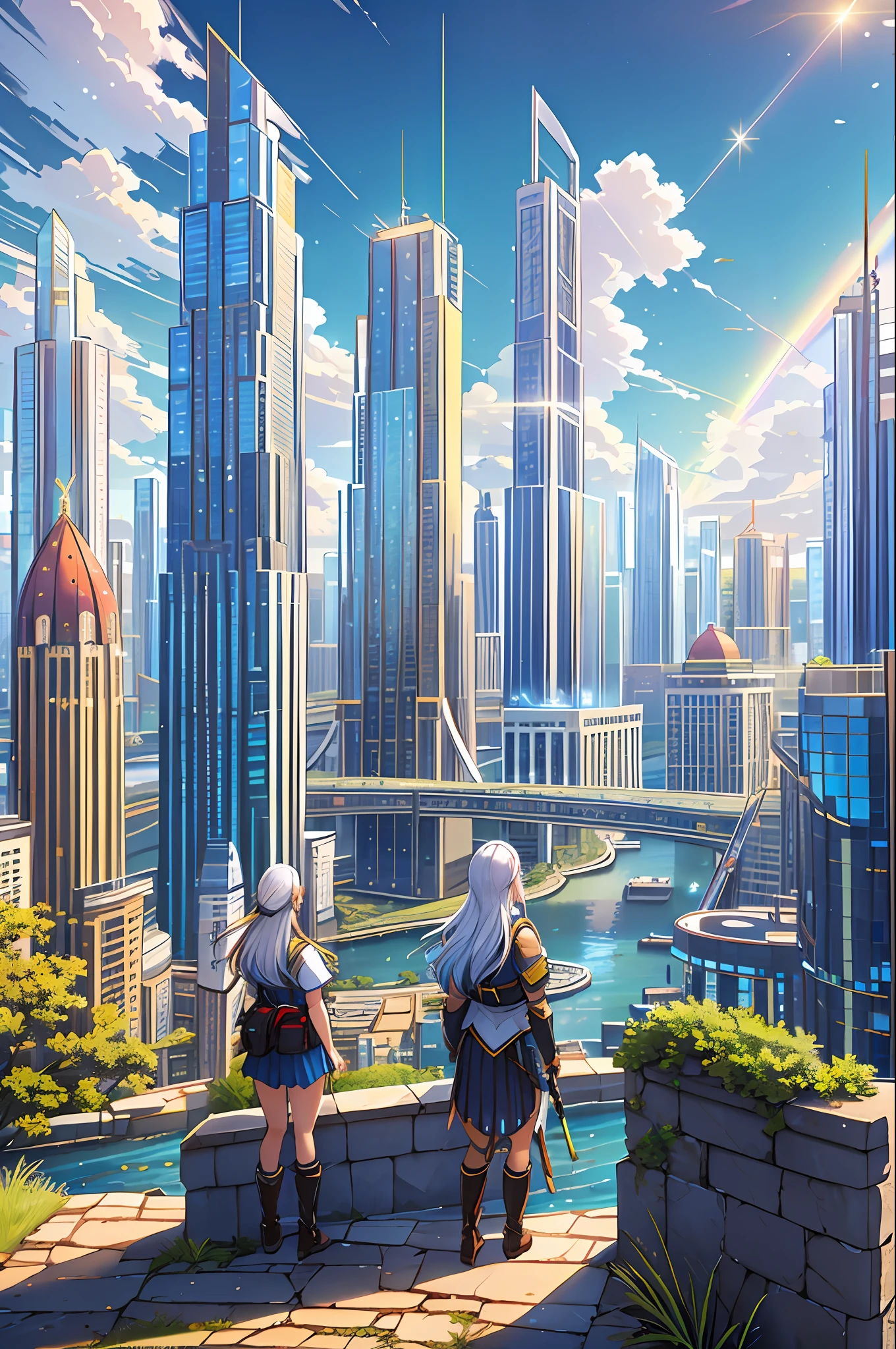 cityscape, city, cloud, scenery, skyscraper, building, cloudy sky, sky, long hair, from behind, outdoors, bird, ruins, 1girl, sunlight, tower, facing away, city lights, green hair, water, sunbeam, light rays, bridge, post-apocalypse, tree, backpack, very long hair, lens flare, knee boots, mountain, river, waterfall, white hair, solo, weapon, skyline, rainbow, neon trim