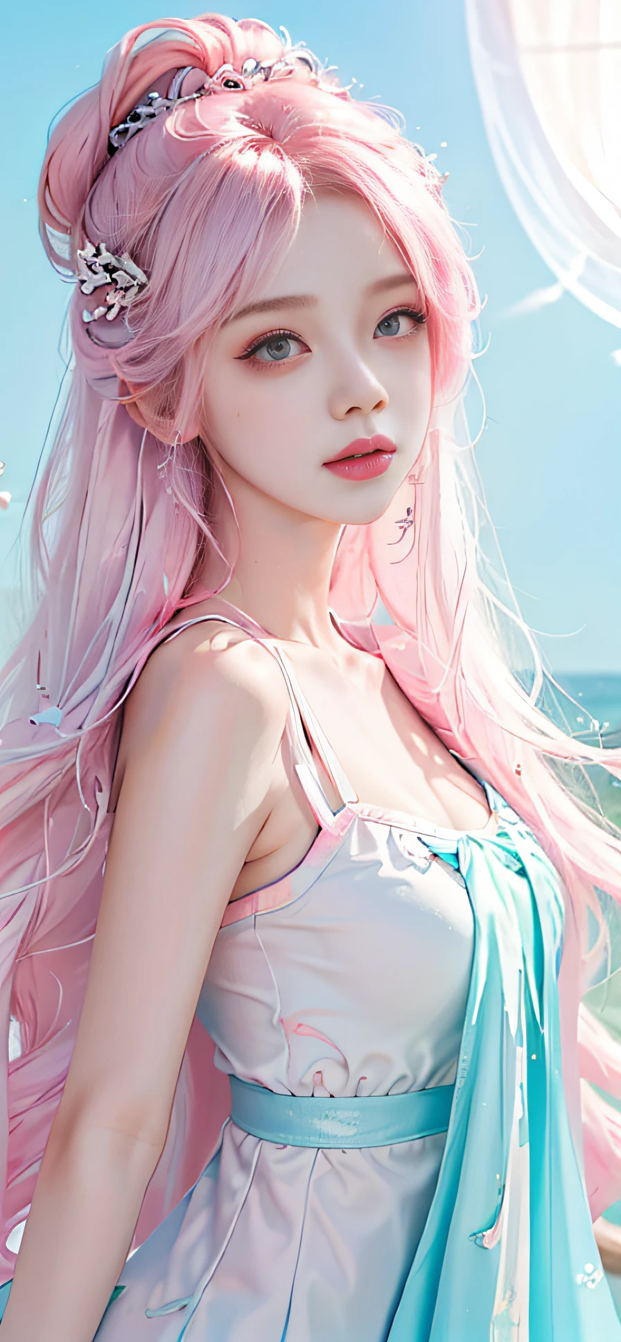 （tmasterpiece、best qualtiy、A high resolution），white backgrounid，Acrylic paints，（（splash of color，Splash ink、Color splattering）），Sweet Chinese girl，light blue long hair，[light blues|Pink big breasts]the hair，curlies，glitters，Pink lips，White color blouse，frontage，The upper part of the body，Petite